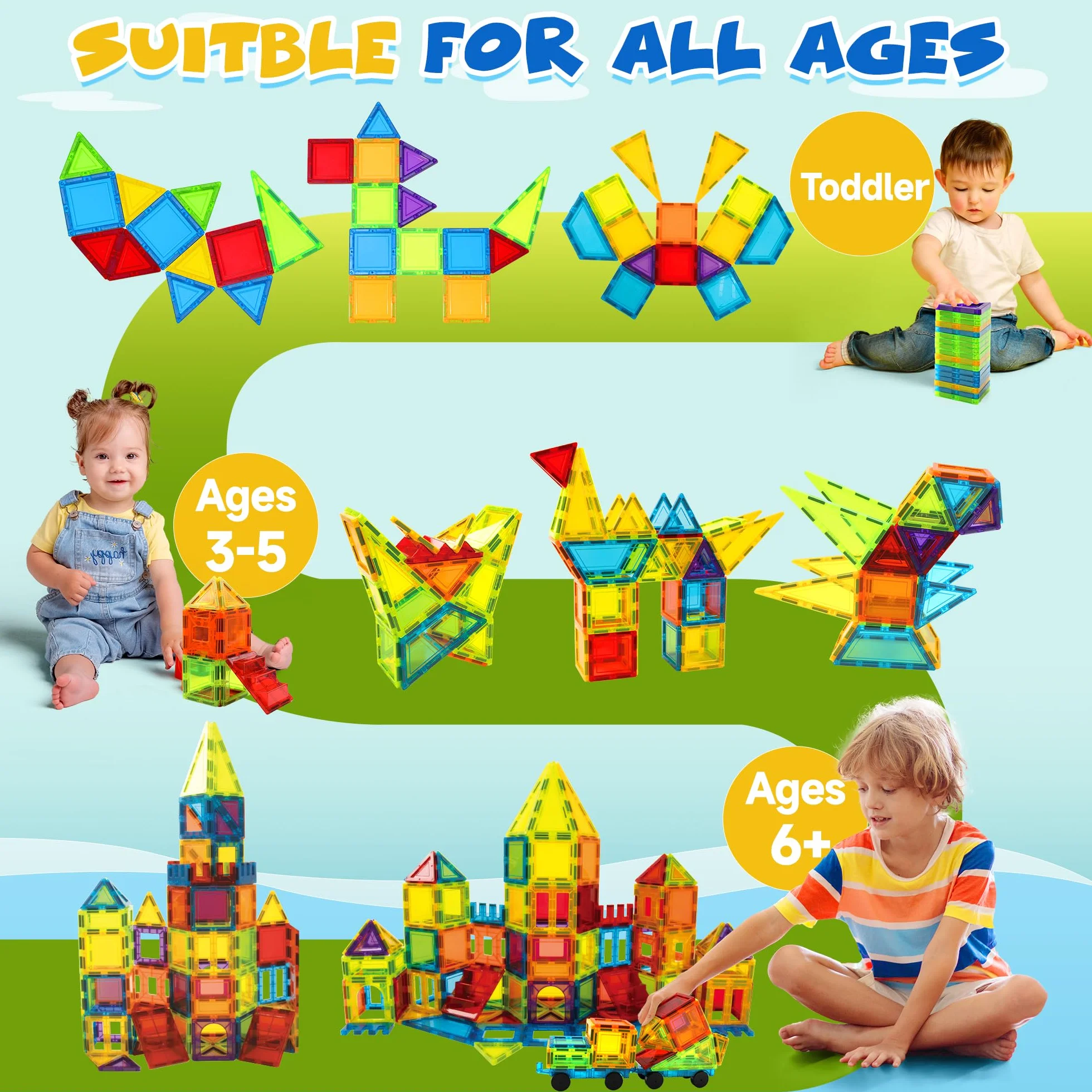 Blocs de Construction Magnétiques 131 PCS avec 2 Voitures, Jouets pour Enfants 3-8 Ans Multicolore