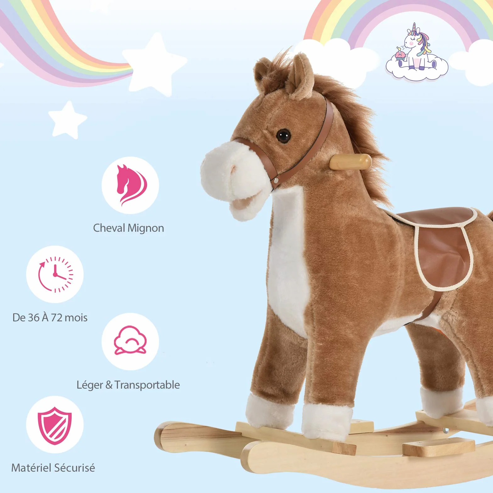 HOMCOM Cheval à Bascule Selle Grand Confort Peluche Bois Peuplier Brun 65x32,5x61 cm
