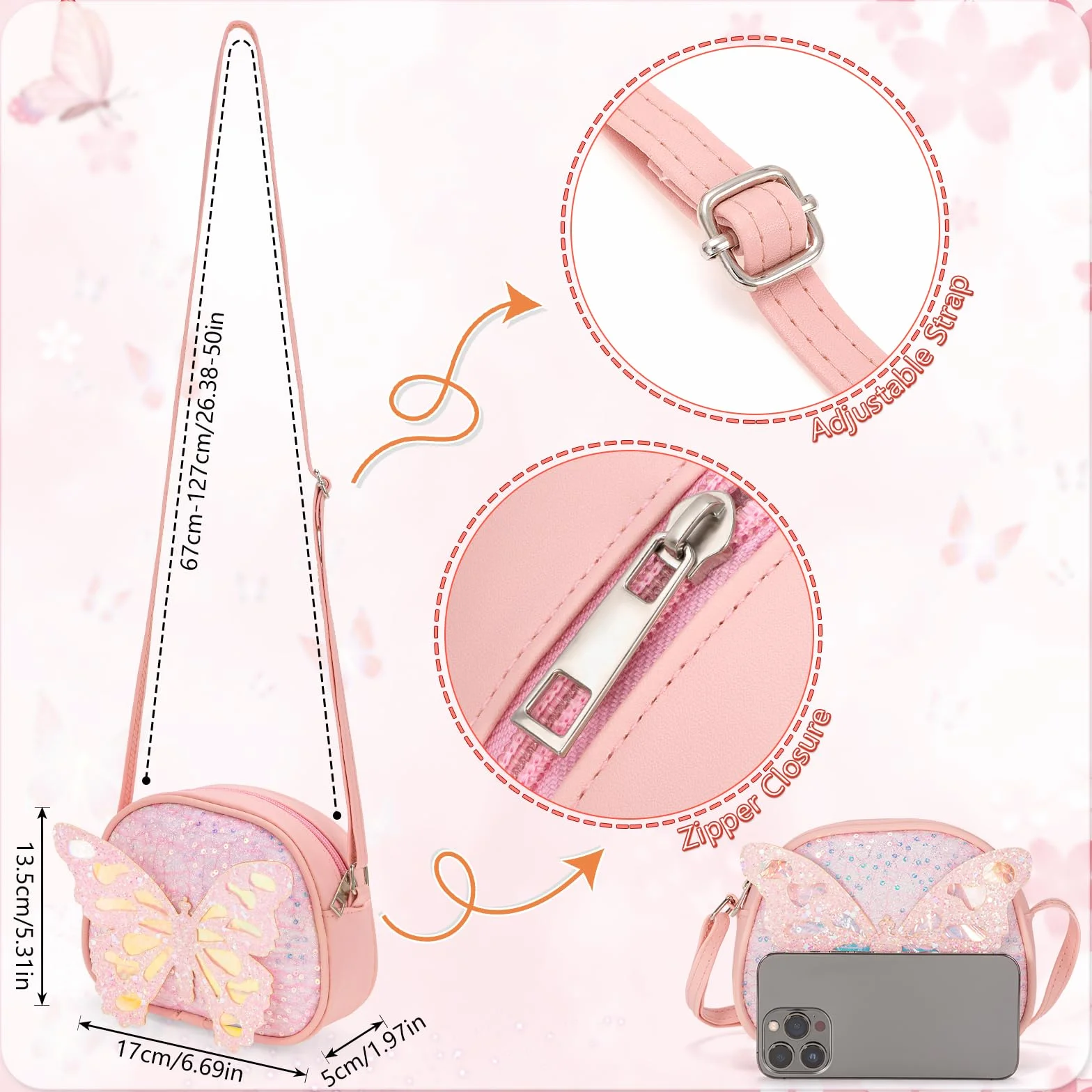 Sac à Main Bijoux Enfants Fille Papillon Colliers Bracelets Boucles d'oreilles Bagues Épingles à Cheveux avec Sac Bandoulière Princesse Accessoires Cadeaux de fête