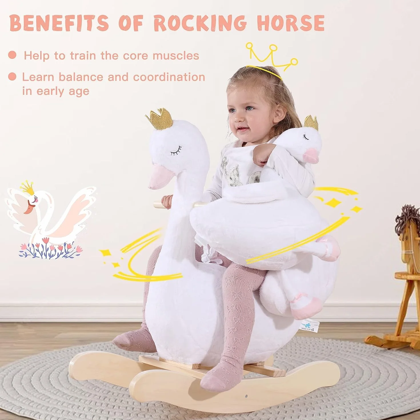 Labebe Animal à bascule cheval jouet tout-petits chaise en bois blanc