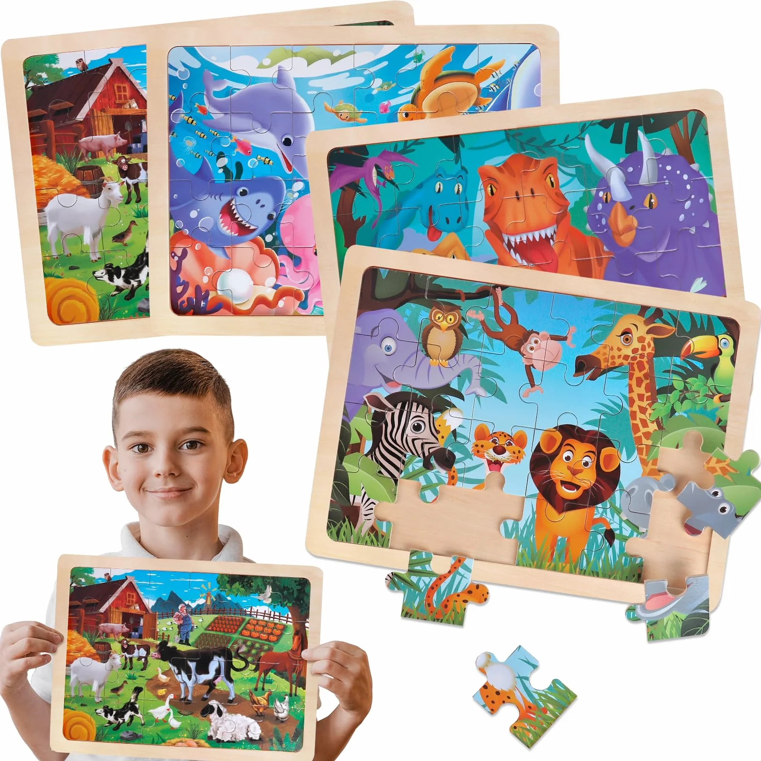 Puzzle en Bois Enfant 3 4 5 Ans Lot de 4x24 Pièces Jeu Montessori Éducatif Dinosaure Ferme Animaux