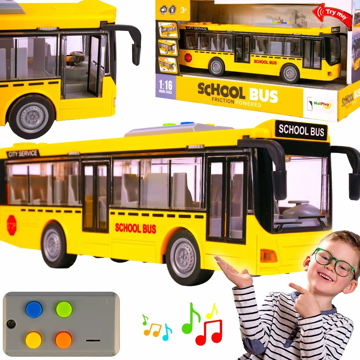 MalPlay Bus électrique jouet 1:16 avec bruits de conduite, lumières et portes ouvertes pour enfants à partir de 3 ans