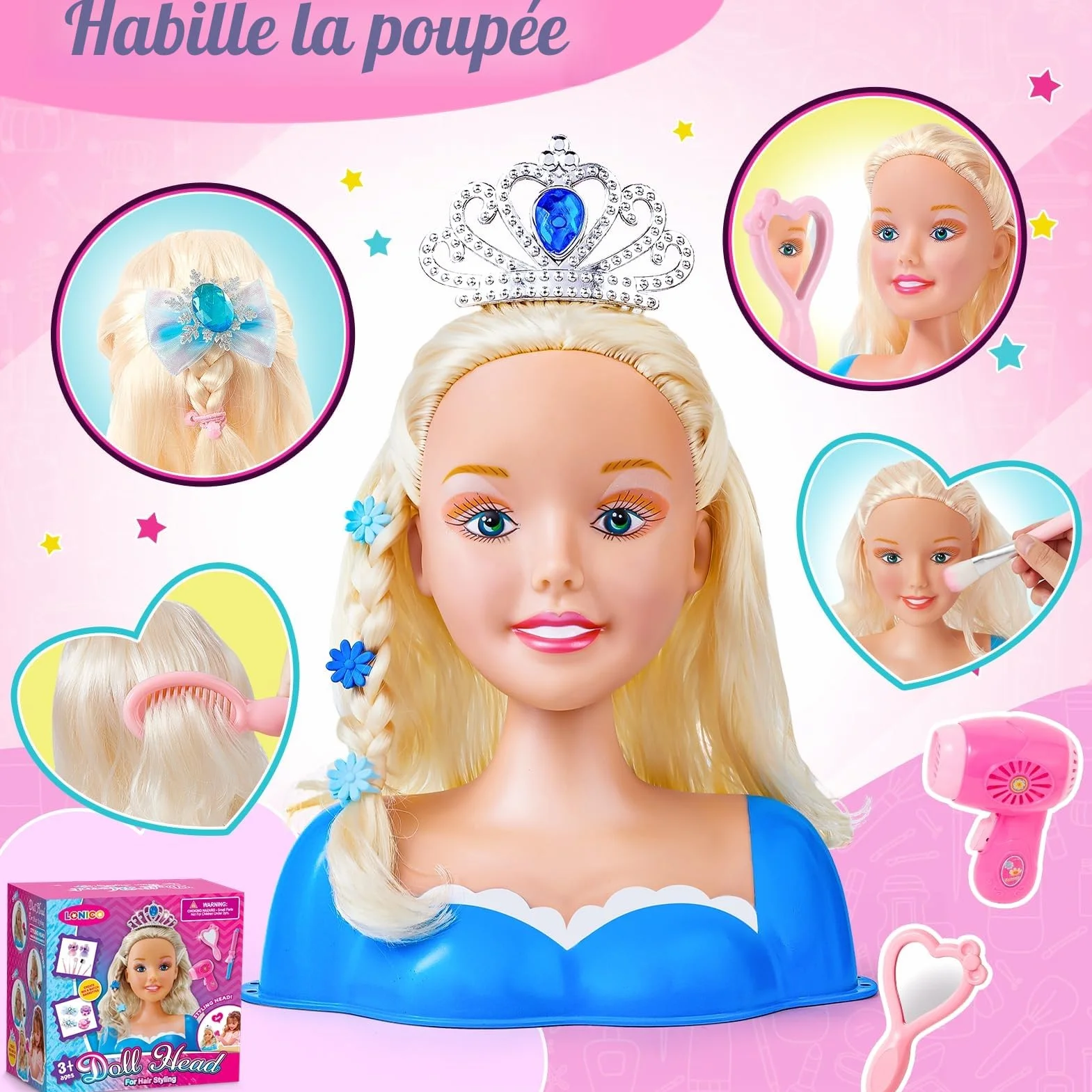 Kit de salon de coiffure pour enfants, 52 pièces jouets de coiffure, accessoires de beauté, cadeaux filles 3-6 ans