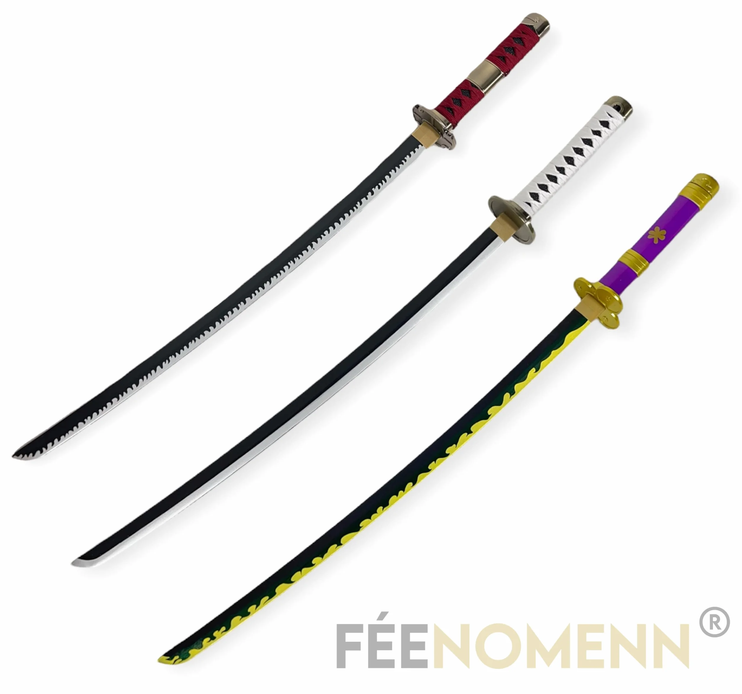 FÉENOMENN Katana One Piece Pack Zoro 3 Epées ENMA WADO ICHIMONJI SANDAI KITETSU Lame Bois Support Japonais