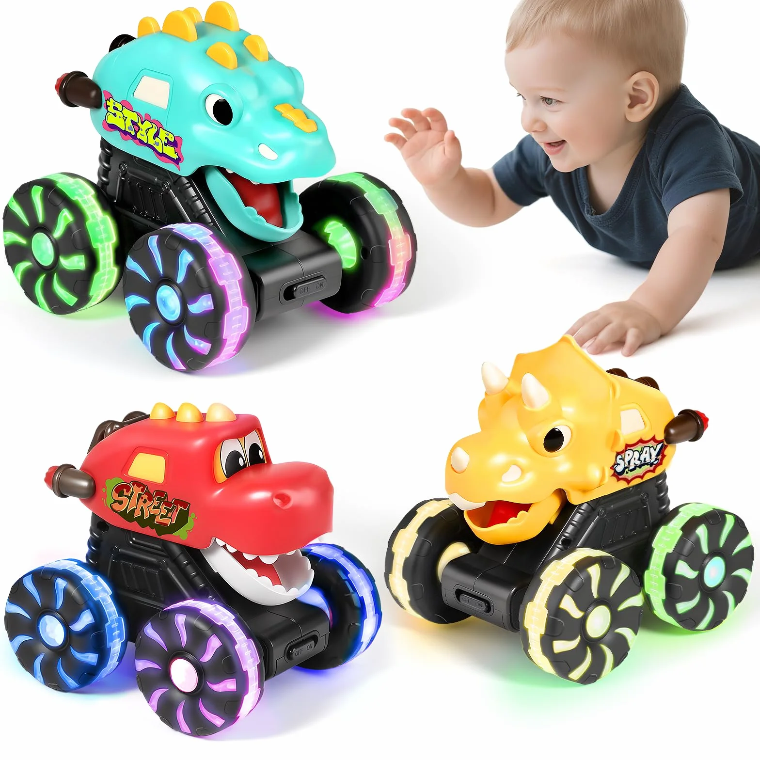 MOONTOY 3 Pièces Dinosaure Jouet Monstre Voiture Lumineuse à Pression pour Bébé 1 an