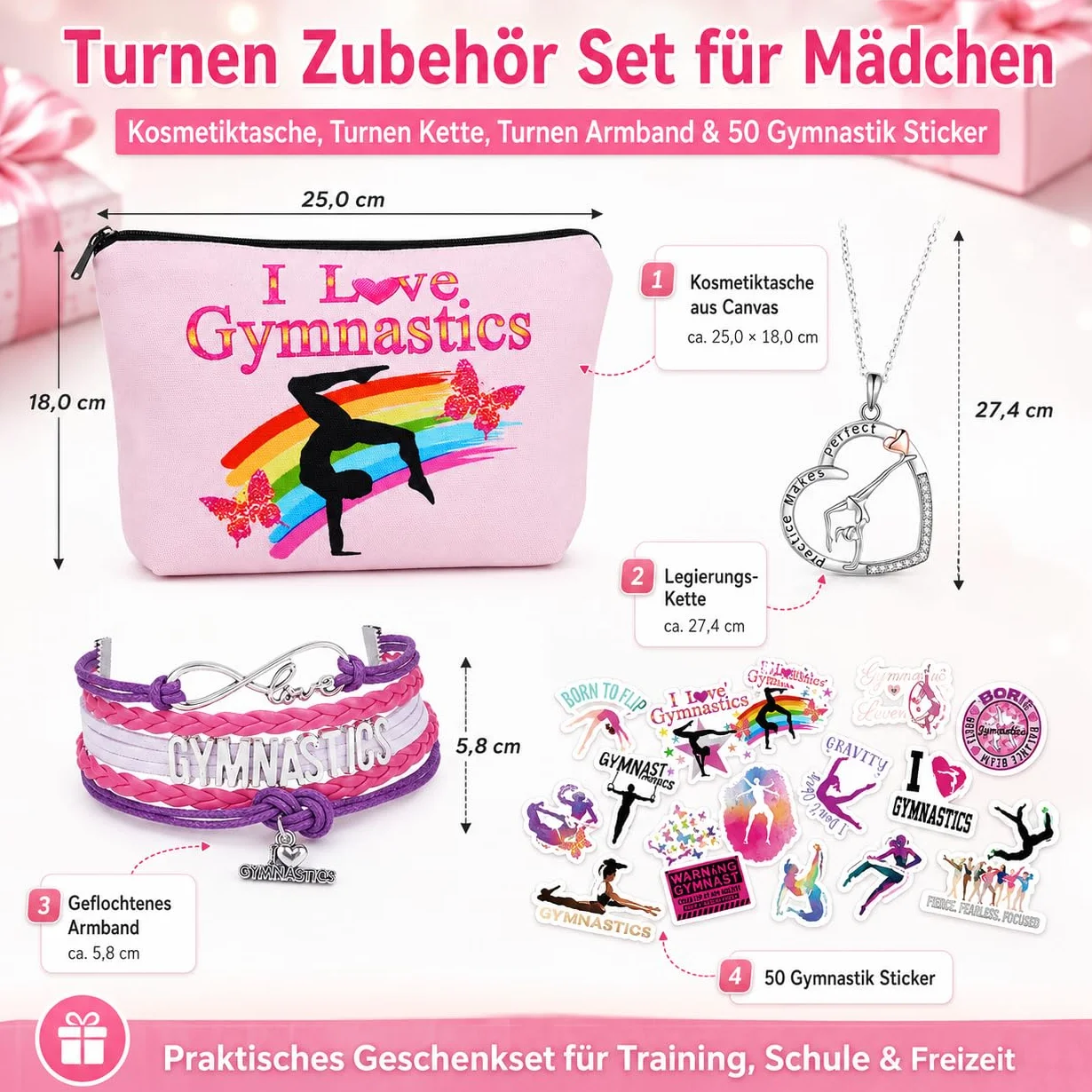Ensemble d'accessoires de gymnastique pour fille – Bracelet, chaîne, trousse de maquillage et autocollant – Sac de gym