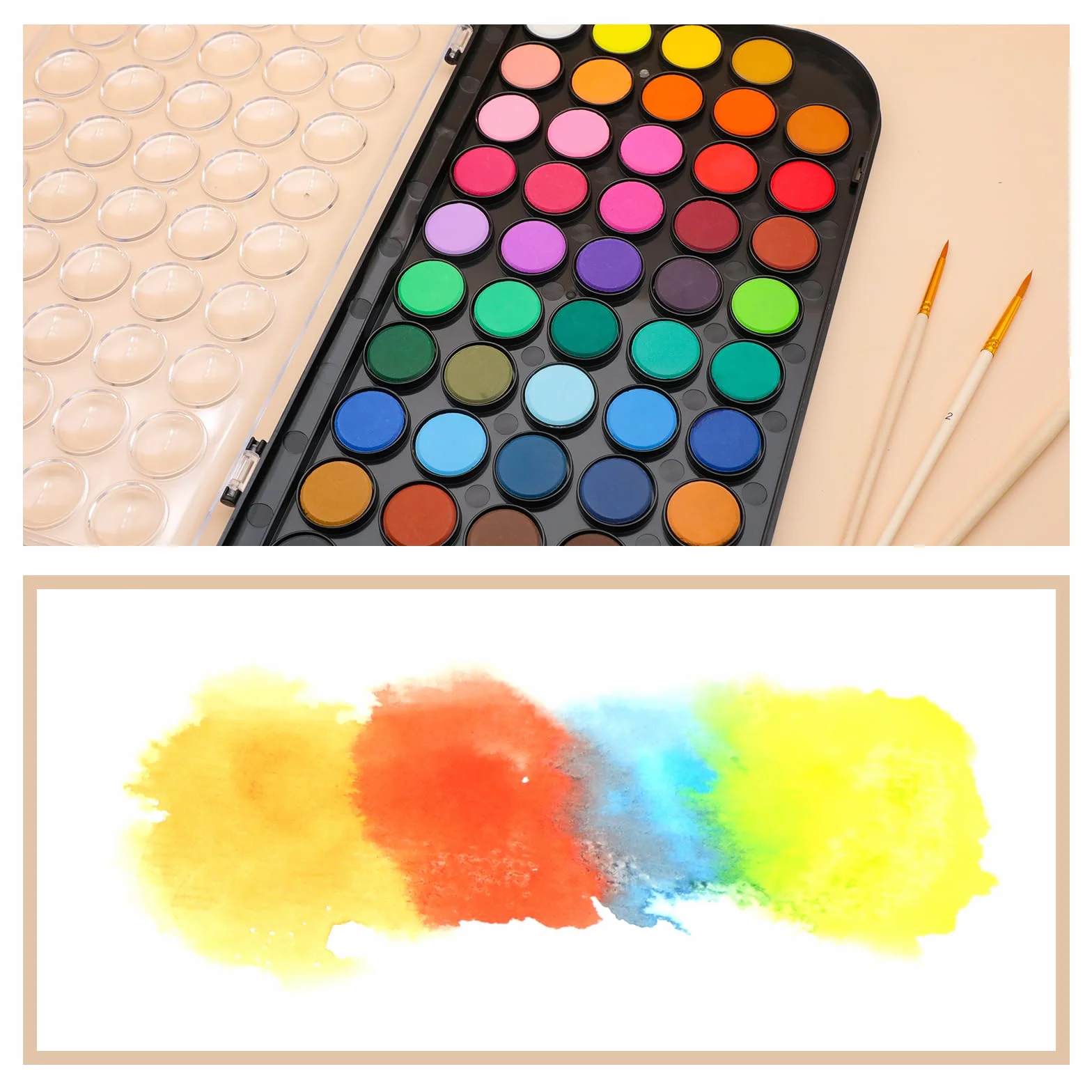 Artecho Ensemble de peinture aquarelle 48 couleurs avec pinceau à eau et pinceau classique