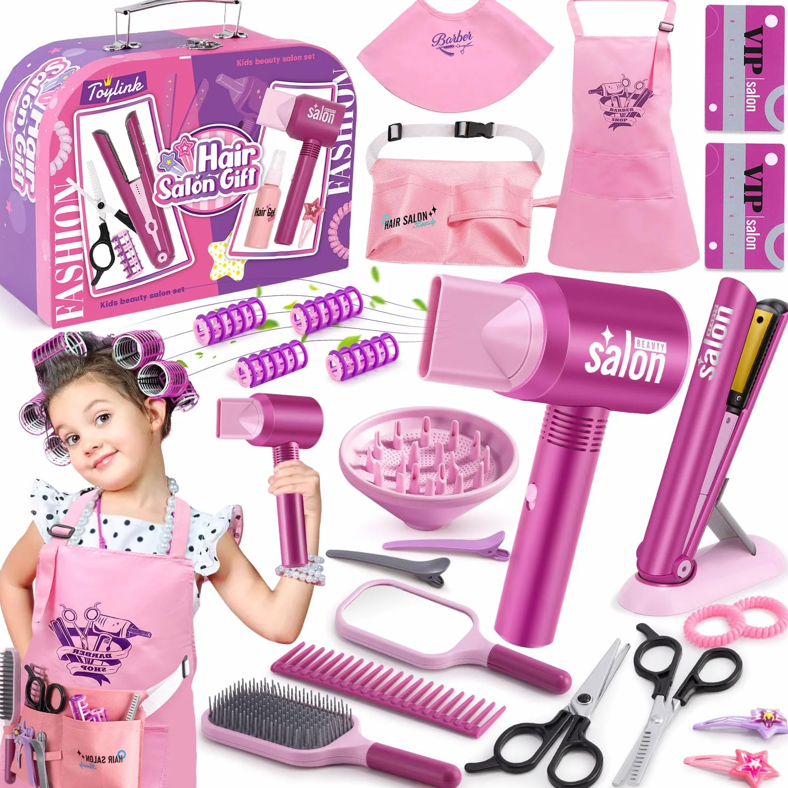 Kit Coiffure Enfant Fille Jouet avec Sèche-Cheveux Lisseur Miroir Peigne Ciseaux Tablier Coiffeur Malette Accessoires Coiffure Salon Beauté Jeu Rôle Cadeau 3-7 Ans