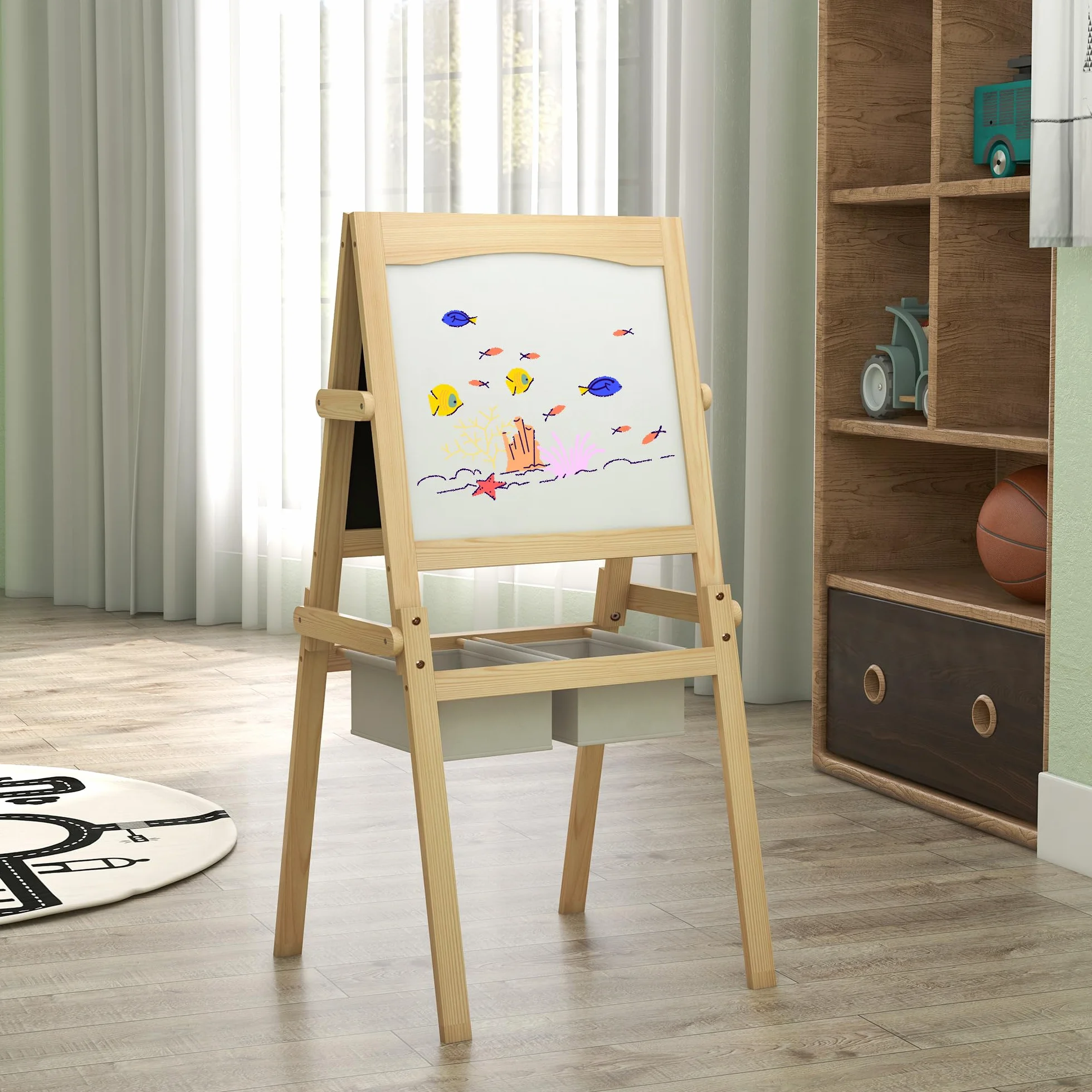 AIYAPLAY Tableau chevalet pour enfants double face bois de pin naturel massif