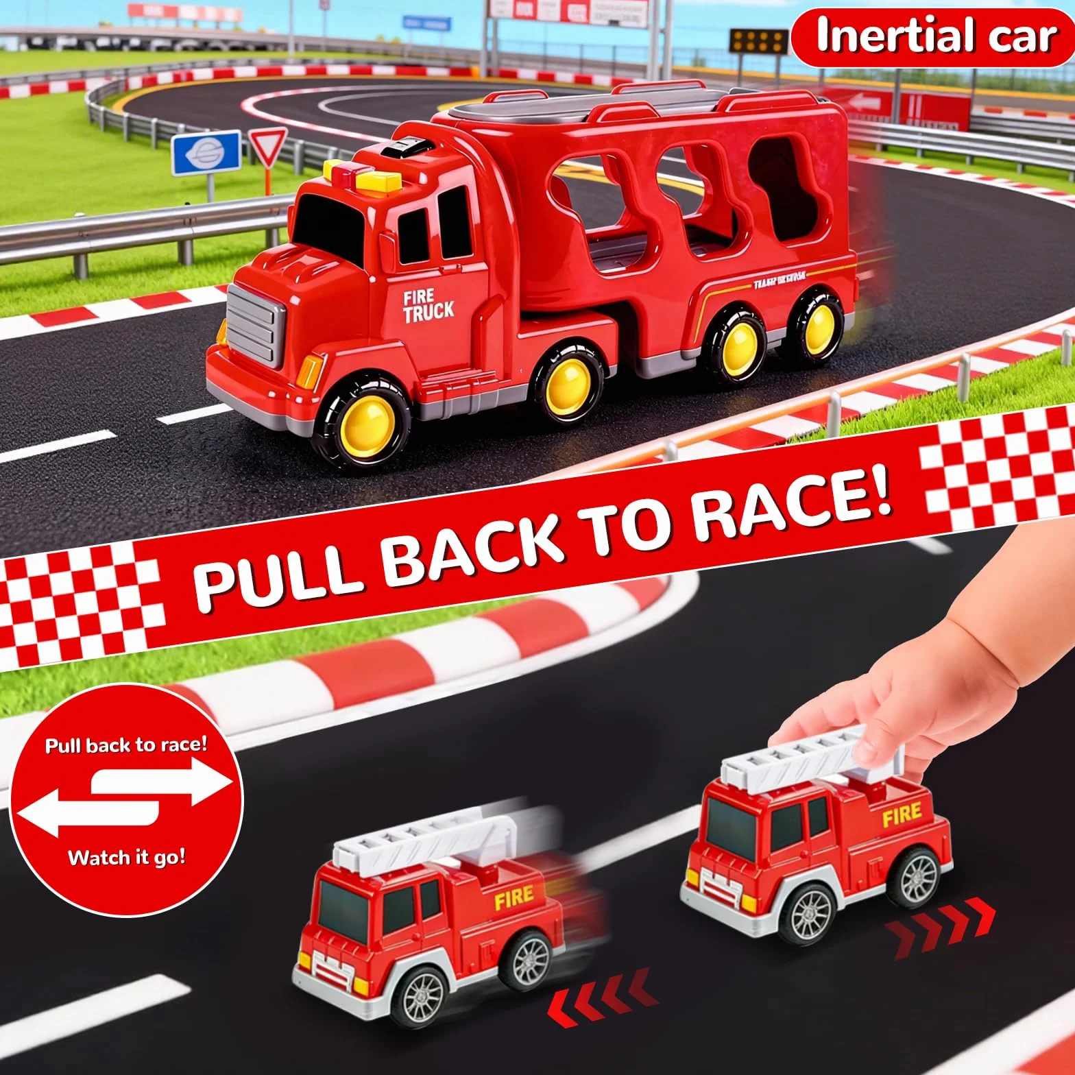 Camion de Pompiers 5 en 1 Jouet avec 4 Véhicules, Sons et Lumières Transporteur à Friction pour Enfants 3-6 Ans