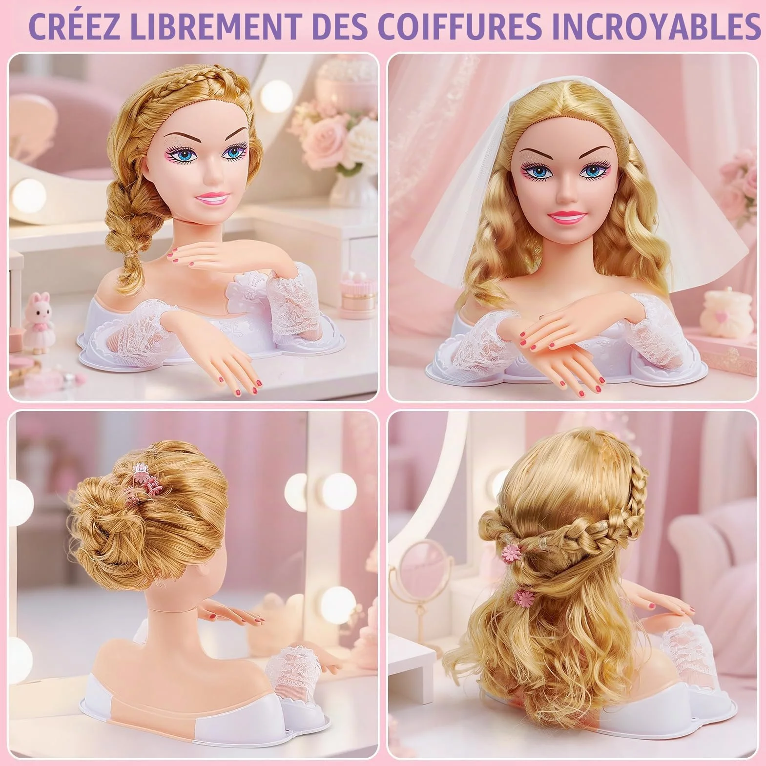 Vamei Tete a Coiffer Enfant avec Accessoires Coiffure, Poupée Maquillage Sèche-Cheveux, Salon Jouet Cadeau Fille 3-6 Ans