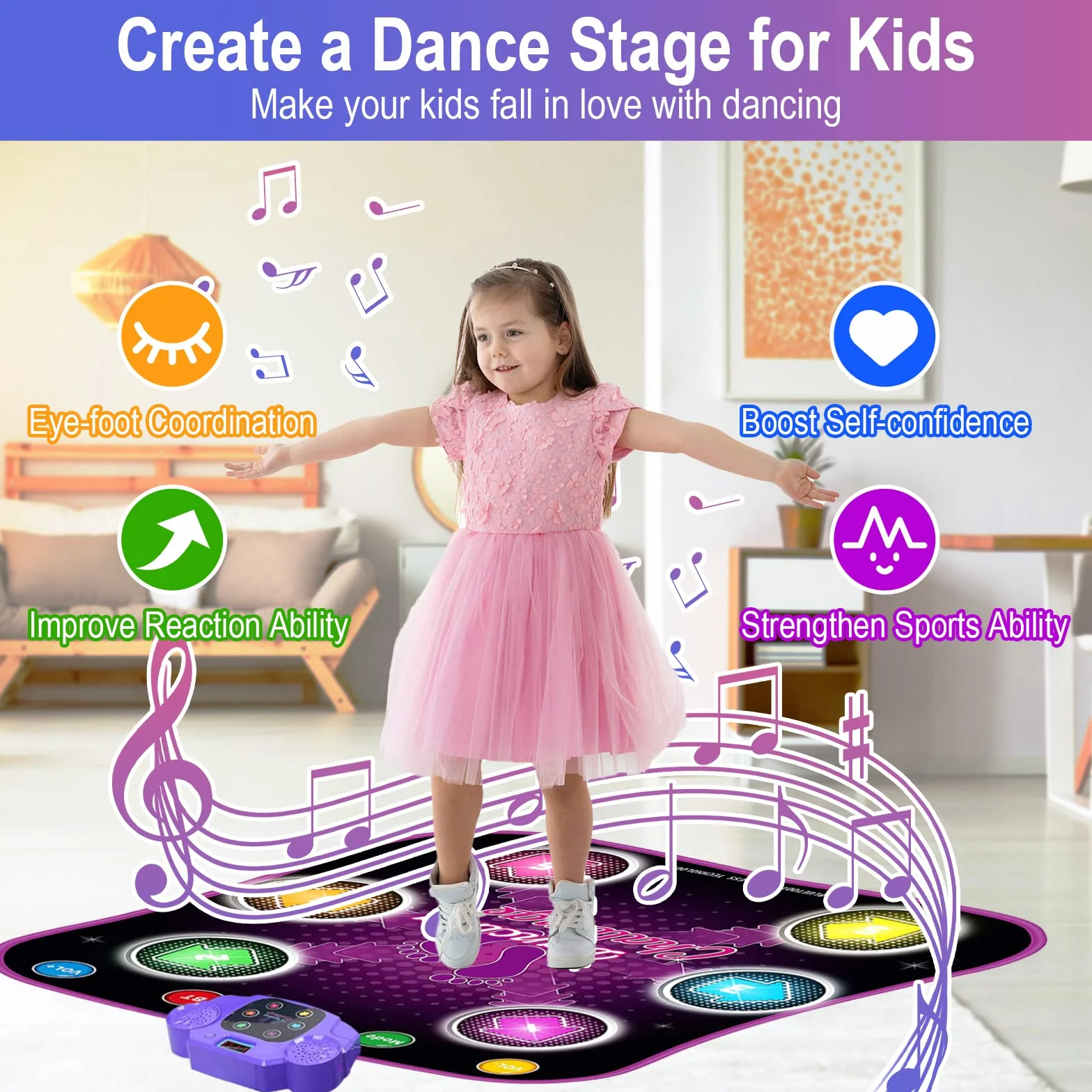 Tapis de Danse Enfants Filles Bluetooth LED Lumière Musique avec 6 Flèches Volume Réglable Cadeau