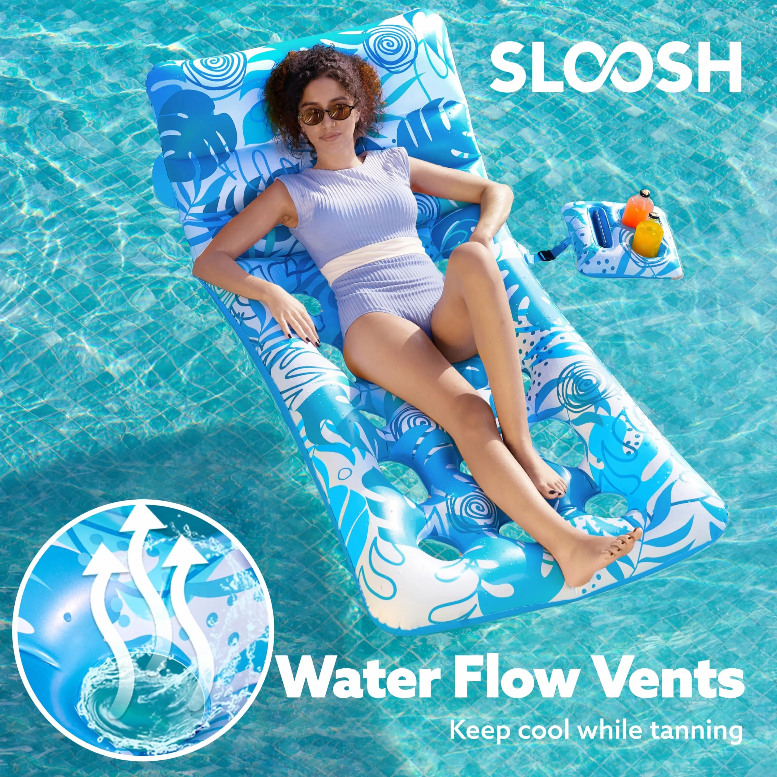SLOOSH Matelas Gonflable pour Adultes, Transat de Piscine avec Dossier Réglable et Porte-Gobelets, Bouée Flottante pour Bronzage