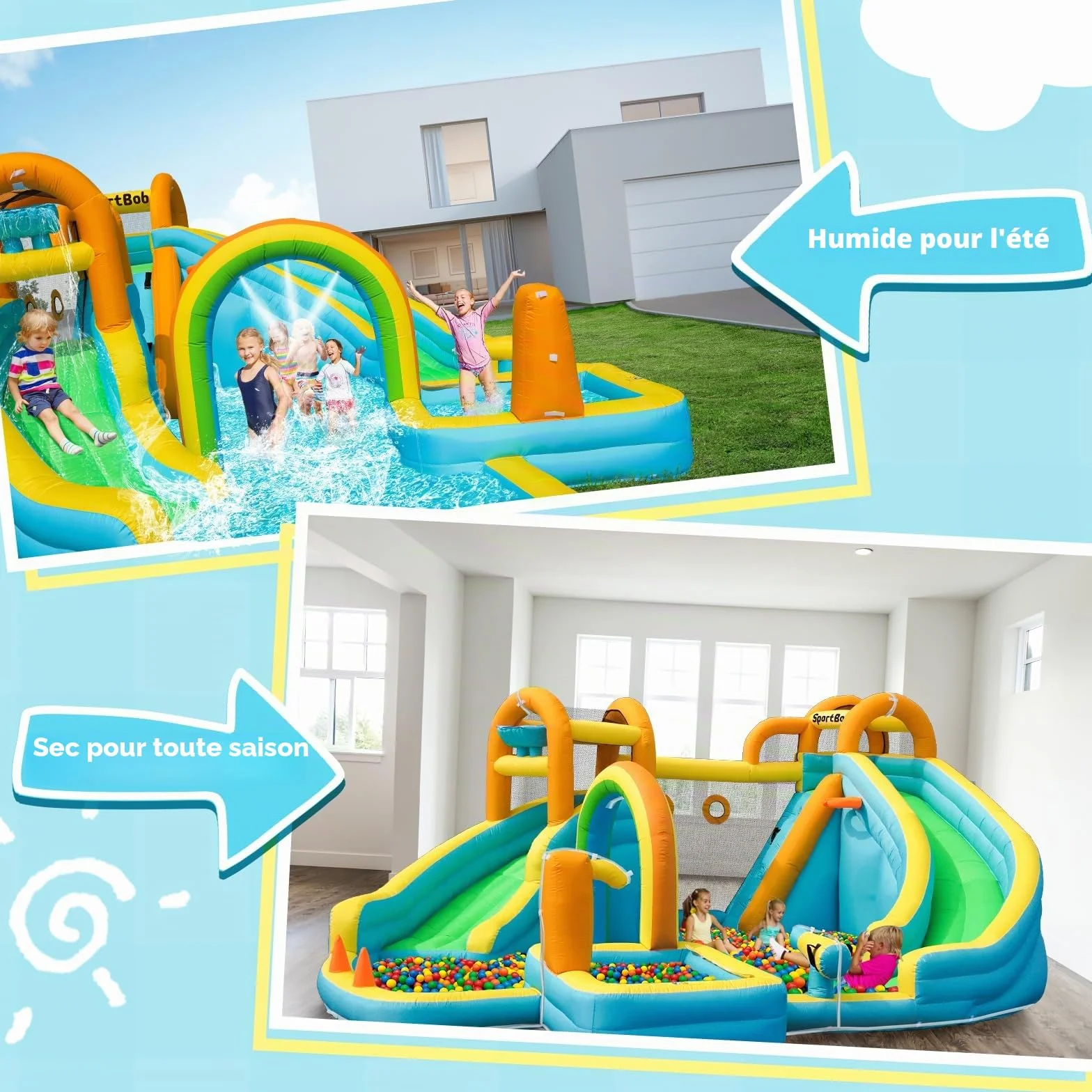 Chateau Gonflable avec Toboggan Double, Aire de Jeux Gonflable pour Enfants, Parc Aquatique avec Piscine d'Éclaboussures