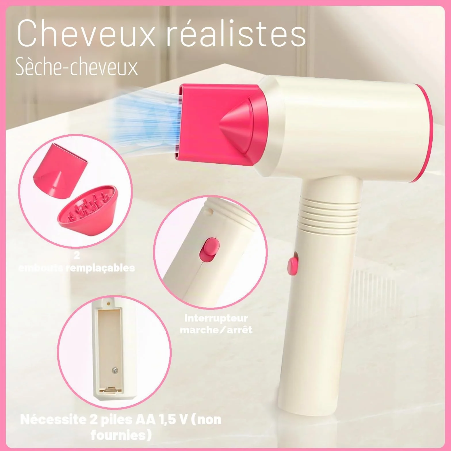 Coffret de Coiffure Rose pour Enfants, Sèche-Cheveux, Lisseur, Peigne, Jeu de Rôle, Cadeau Fille 3 Ans+
