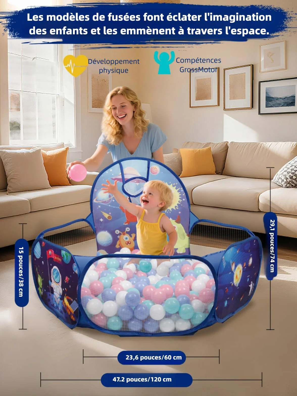 ZimiTeda Piscine à balles Pliable pour Enfants avec Panier de Basket-Ball 120 cm Fosse à balles Pop-up pour Bébé Filles Garçons