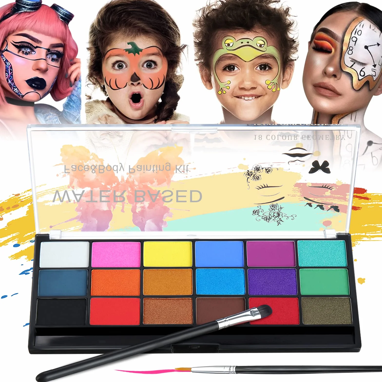 Janolia Palette Maquillage Enfant 18 Couleurs Peinture Visage avec 2 Pinceaux Kit Maquillage Carnaval Halloween