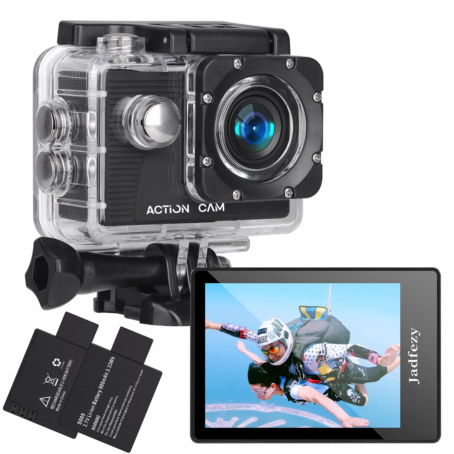 Caméra Sport 1080P FHD Étanche 30M Grand Angle avec Deux Piles Rechargeables 900 mAh et Kit d'Accessoires