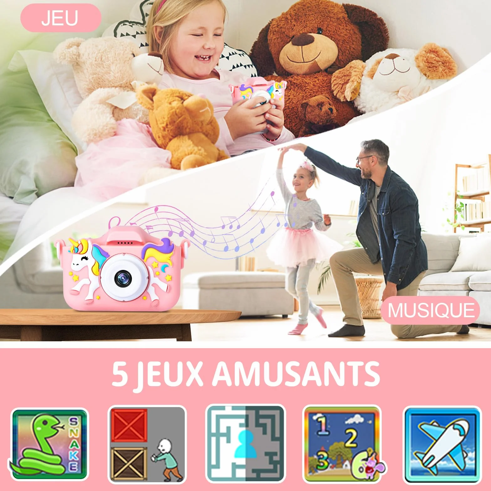 Appareil Photo Numérique Enfant 2,0" 1080p 32 Go Carte SD Selfie Rechargeable Caméscope Jouet Licorne