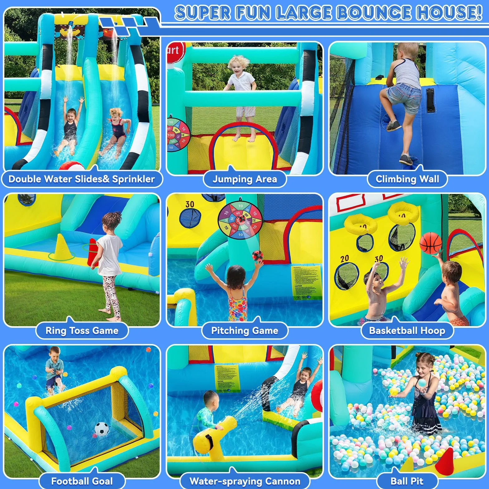 Château Gonflable XXL avec Toboggan pour Enfants Extérieur, Aire de Jeux avec Trampoline, Murs d'escalade, Piscine, 470×400×220cm, 225kg