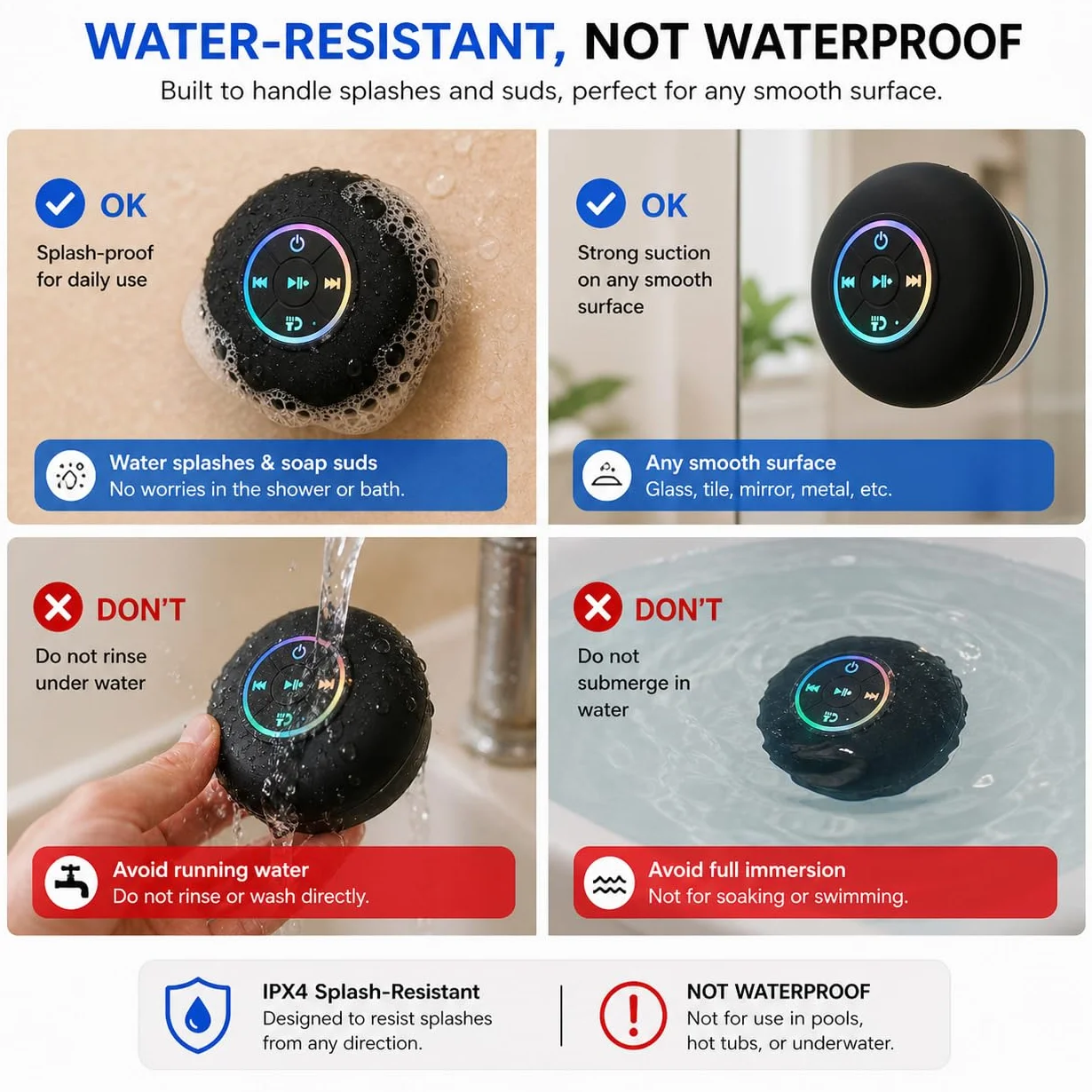 Enceinte Bluetooth étanche IPX4 portable sans fil avec LED, micro intégré, ventouse rechargeable noir