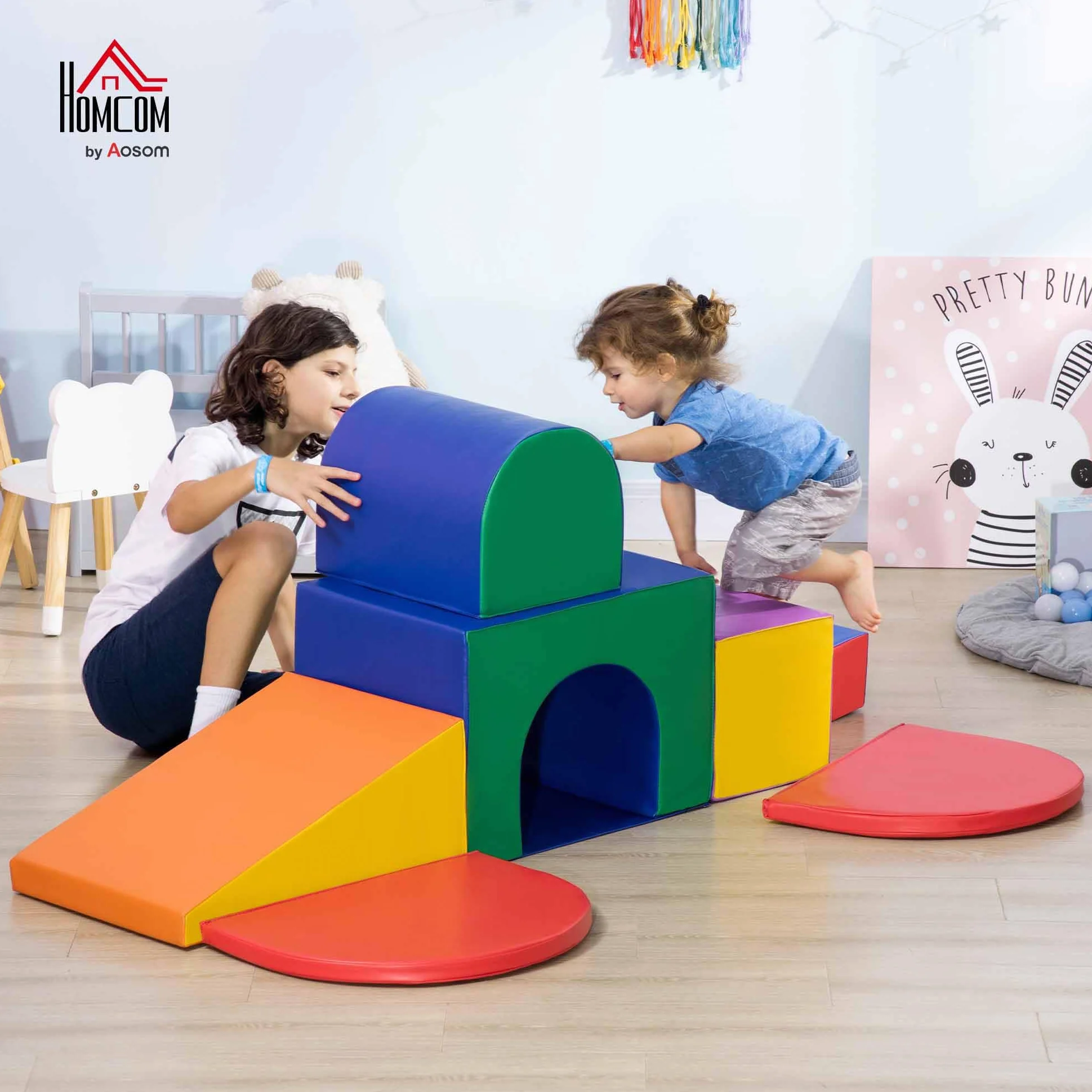 HOMCOM Parcours motricité bébé 7PCS, Jouet d'escalade en mousse, Blocs de construction avec revêtement synthétique, Multicolore