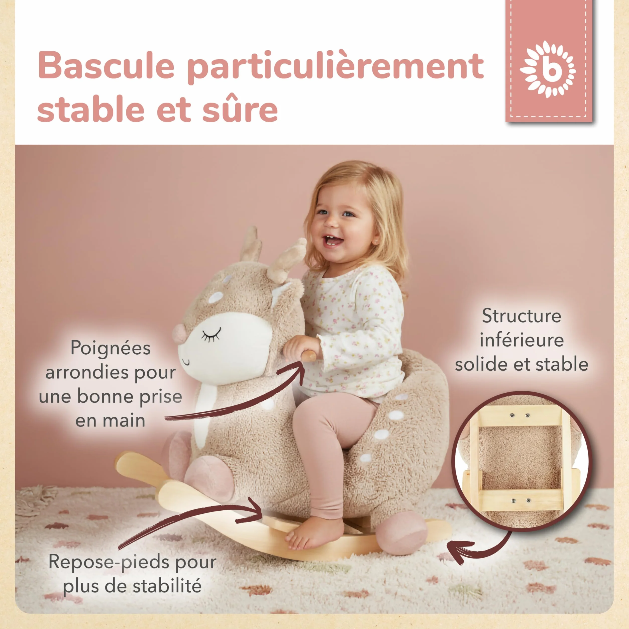 Bieco Lapin à bascule en peluche 60 cm avec ceinture de sécurité pour enfant dès 9 mois