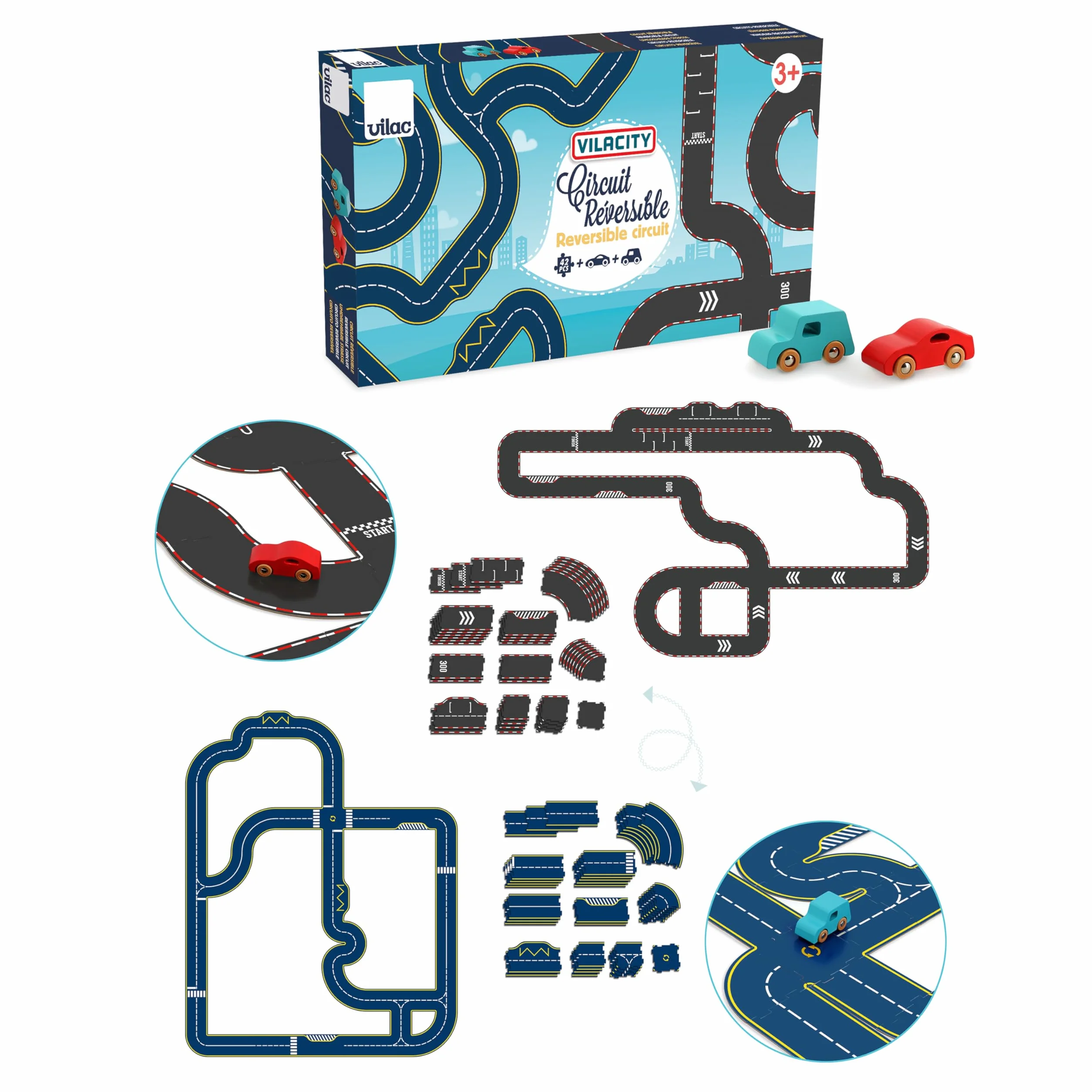 Vilac Circuit Réversible 42 Pièces + 2 Voitures Jouet Enfants 3 Ans+