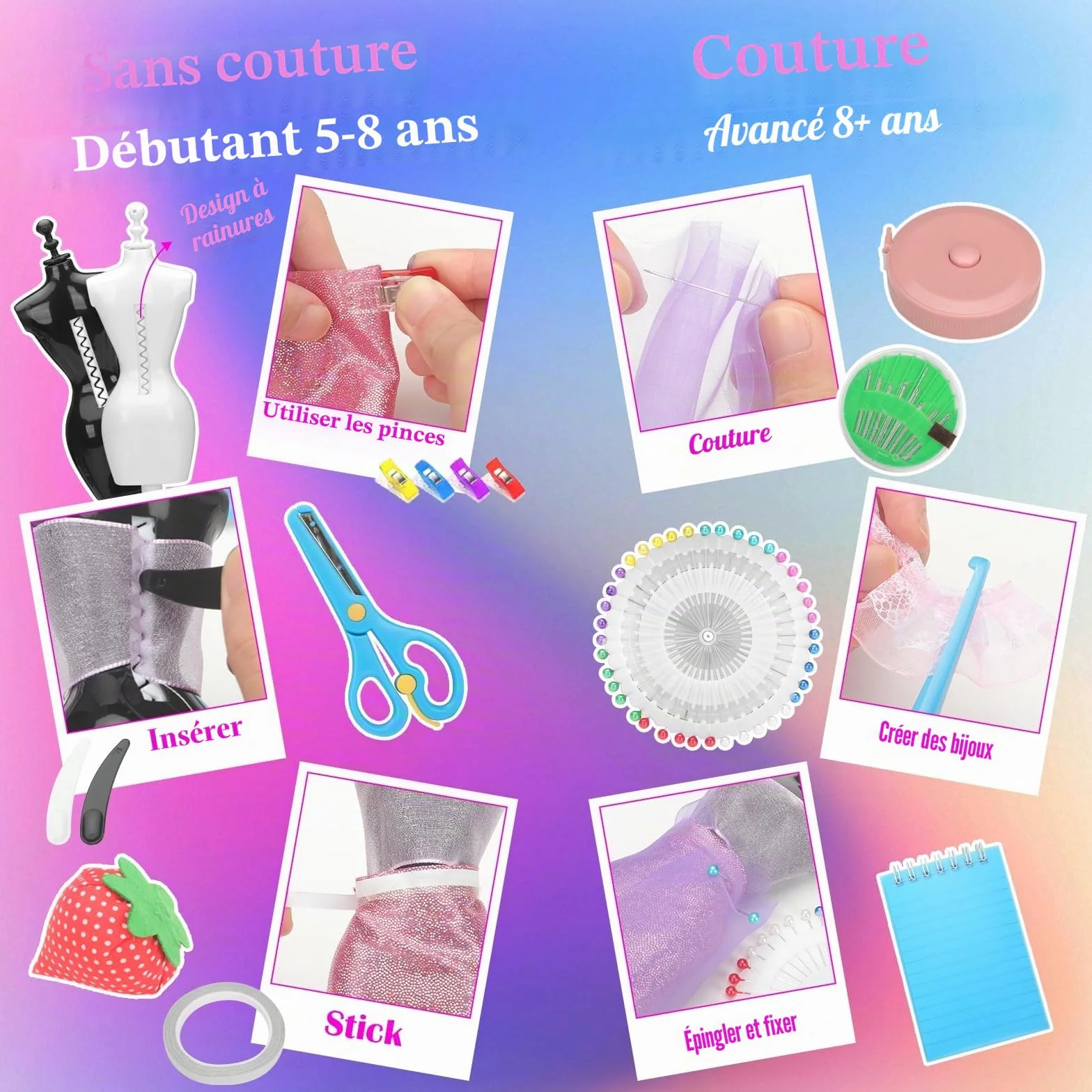 YOCOLE Fashion Design Kit, Création de Mode Couture Enfants avec 6 Mannequins, Carnet de Croquis, Cadeau Fille 6-12 Ans