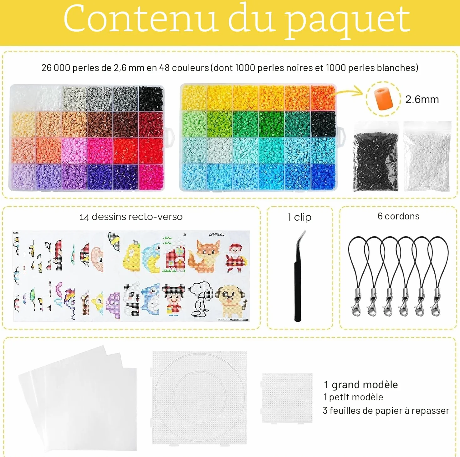 Kit de perles fusibles 26 000 perles 2,6 mm 48 couleurs 2 panneaux perforés 14 cartes à motifs