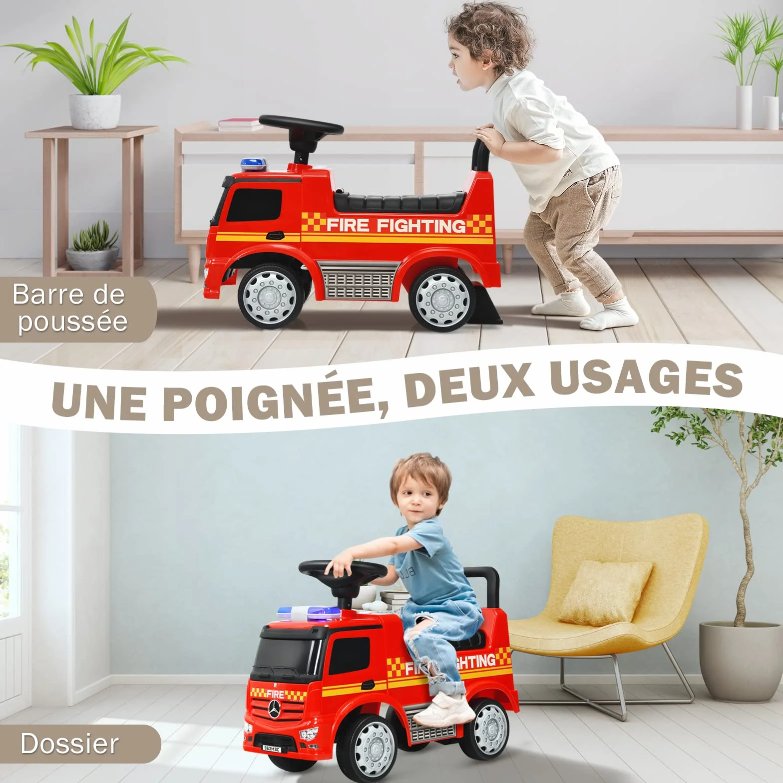 Mercedes Benz Porteur Enfants 12-36 Mois Voiture Pompiers Trotteur Sonore Lumière 25KG 62x29x43cm