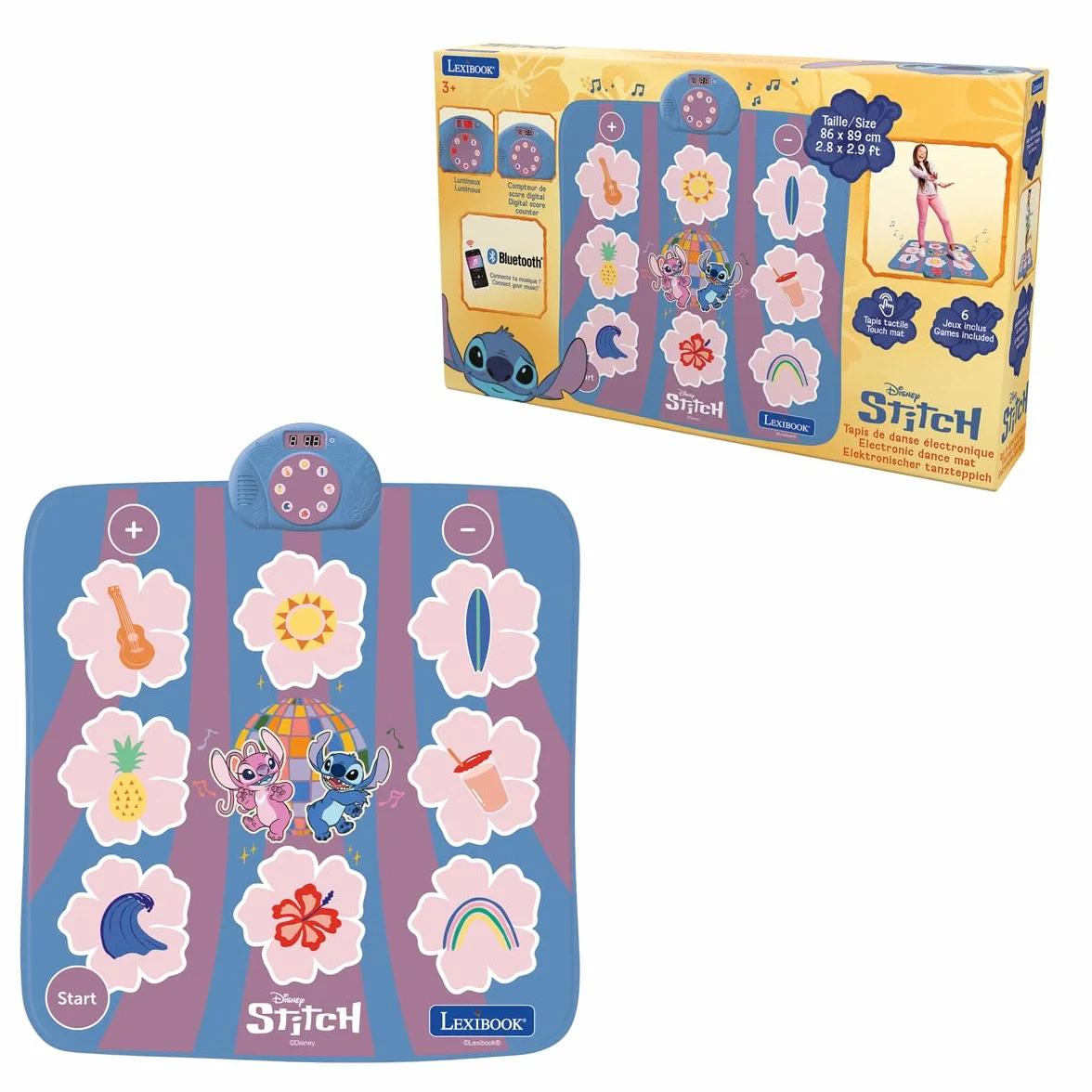 Lexibook Disney Stitch Tapis de Danse électronique Bluetooth Lumineux 6 Modes de Jeu Rose DM10DLXB