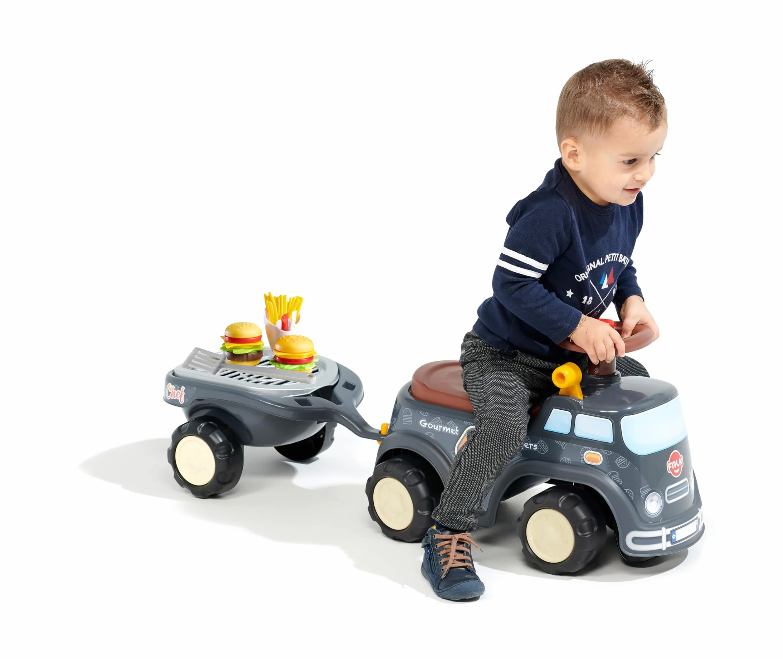 Falk Porteur Food Truck Gourmet Burger Gris 707C Volant directionnel avec klaxon Levier à Effet sonore Coffre de Rangement Remorque BBQ Accessoires