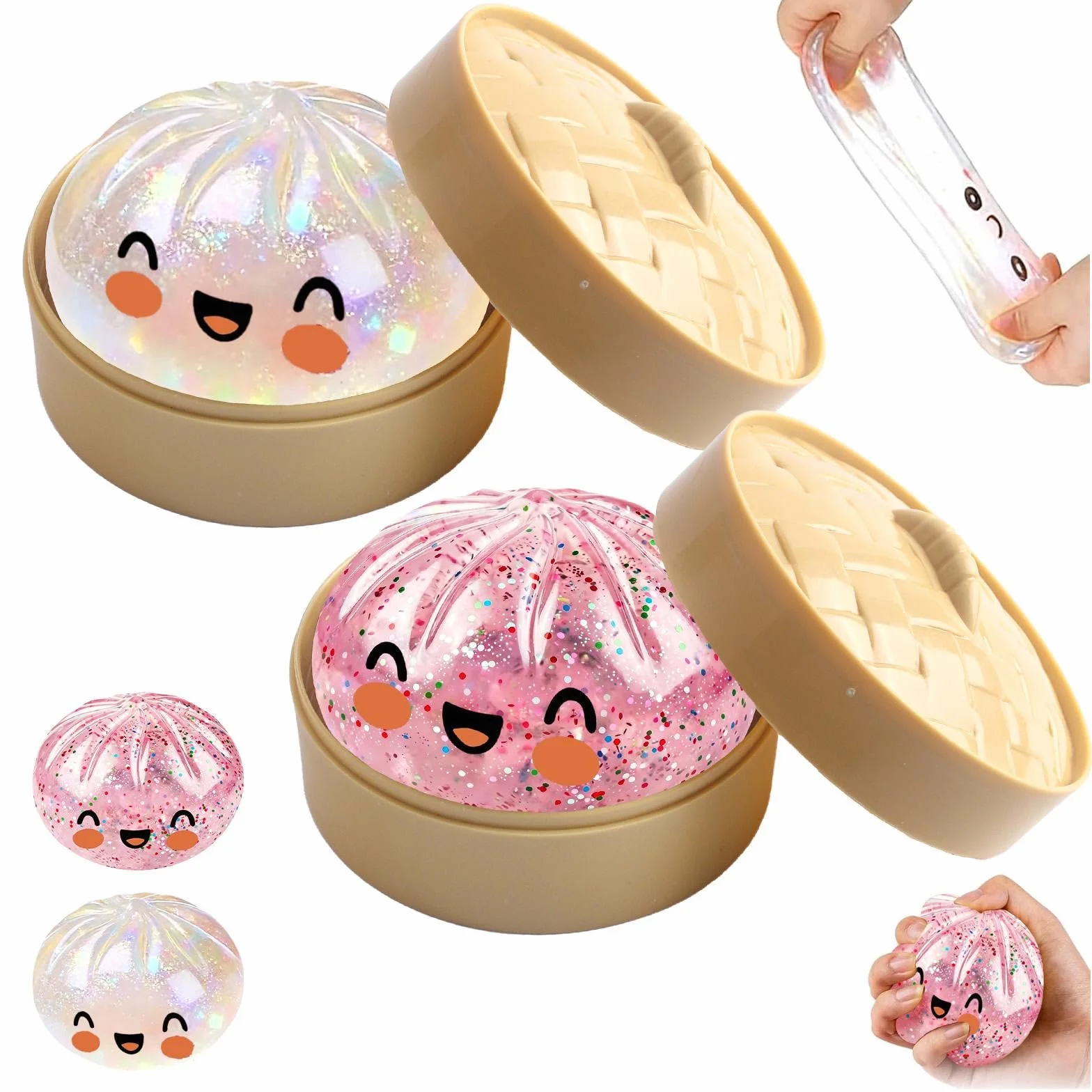 Géant Paillettes Squishys Ravioli Anti-Stress Presser avec Cuiseur Vapeur, Jouets Anti-Stress pour Enfant Adulte Rose Transparent