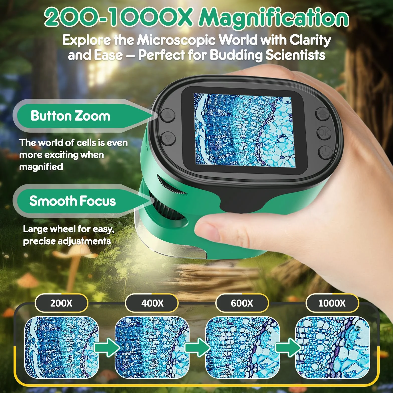 Microscope Enfant Kit Complet Microscopes de Poche Numérique Écran 4K Rechargeable Portable Cadeau Jouets Éducatif 4-12 Ans Carte 32Go Coffret EVA Lames Préparées