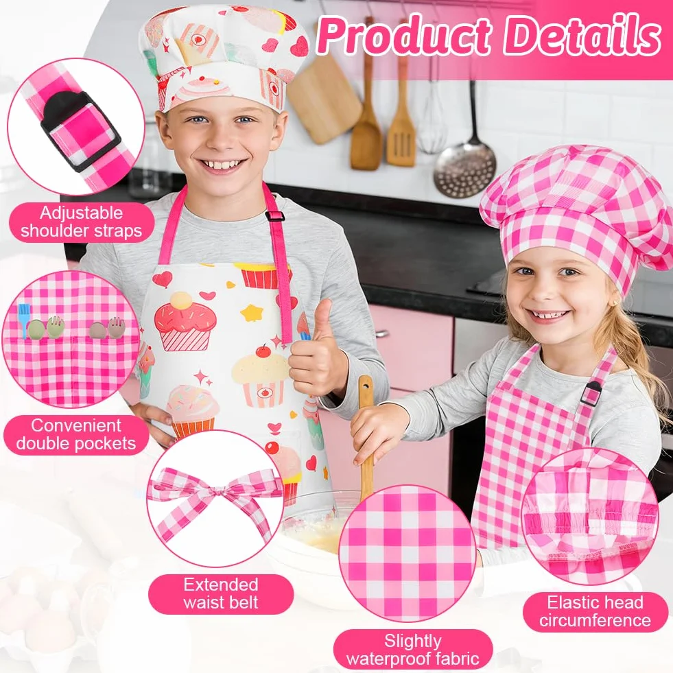 DiULi Ensemble Tablier et Toque de Chef pour Enfants, Tablier de Cuisine Réglable avec 2 Poches
