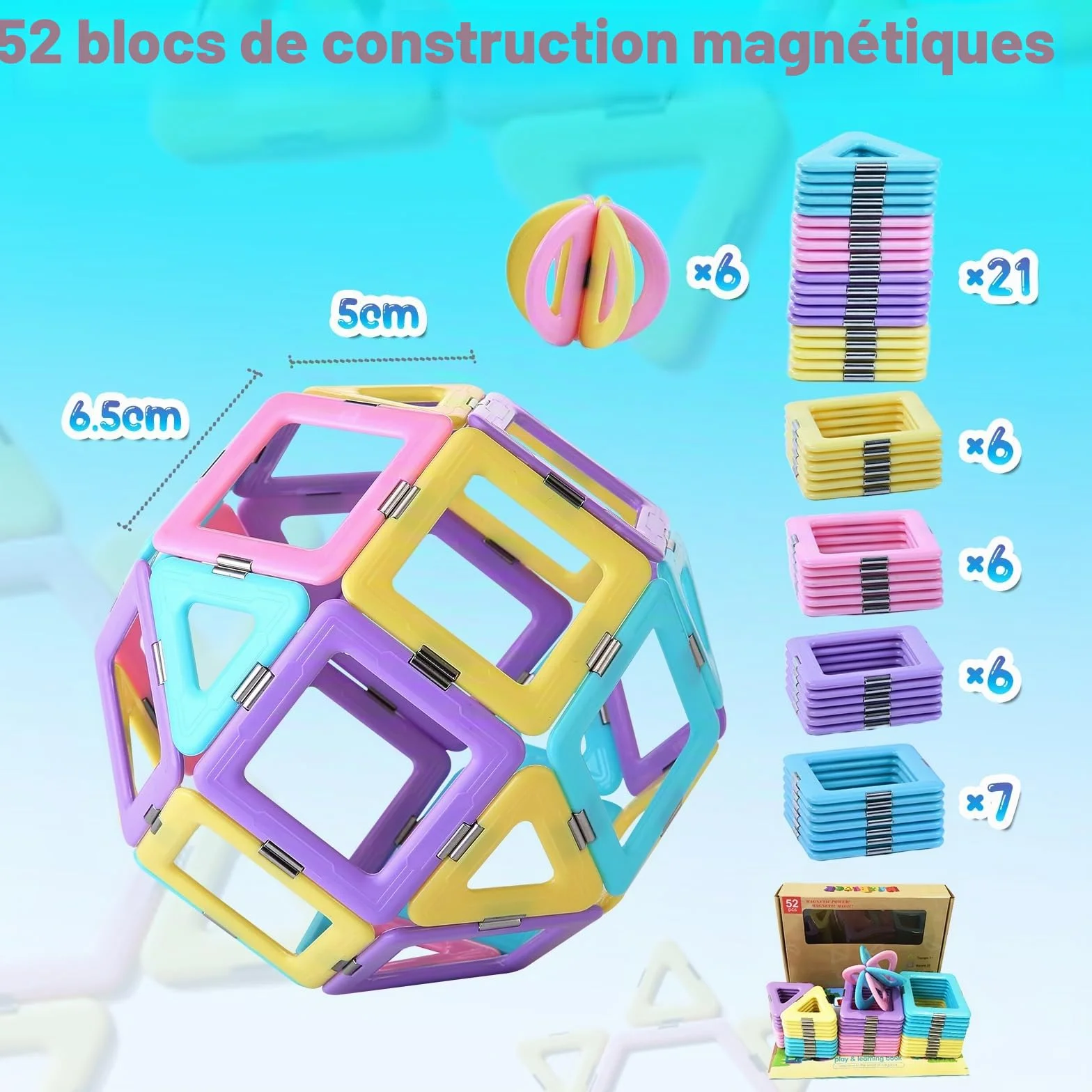 Magblock Blocs de Construction magnétiques 52 pièces 3D Jouet éducatif pour Enfants 3-8 Ans
