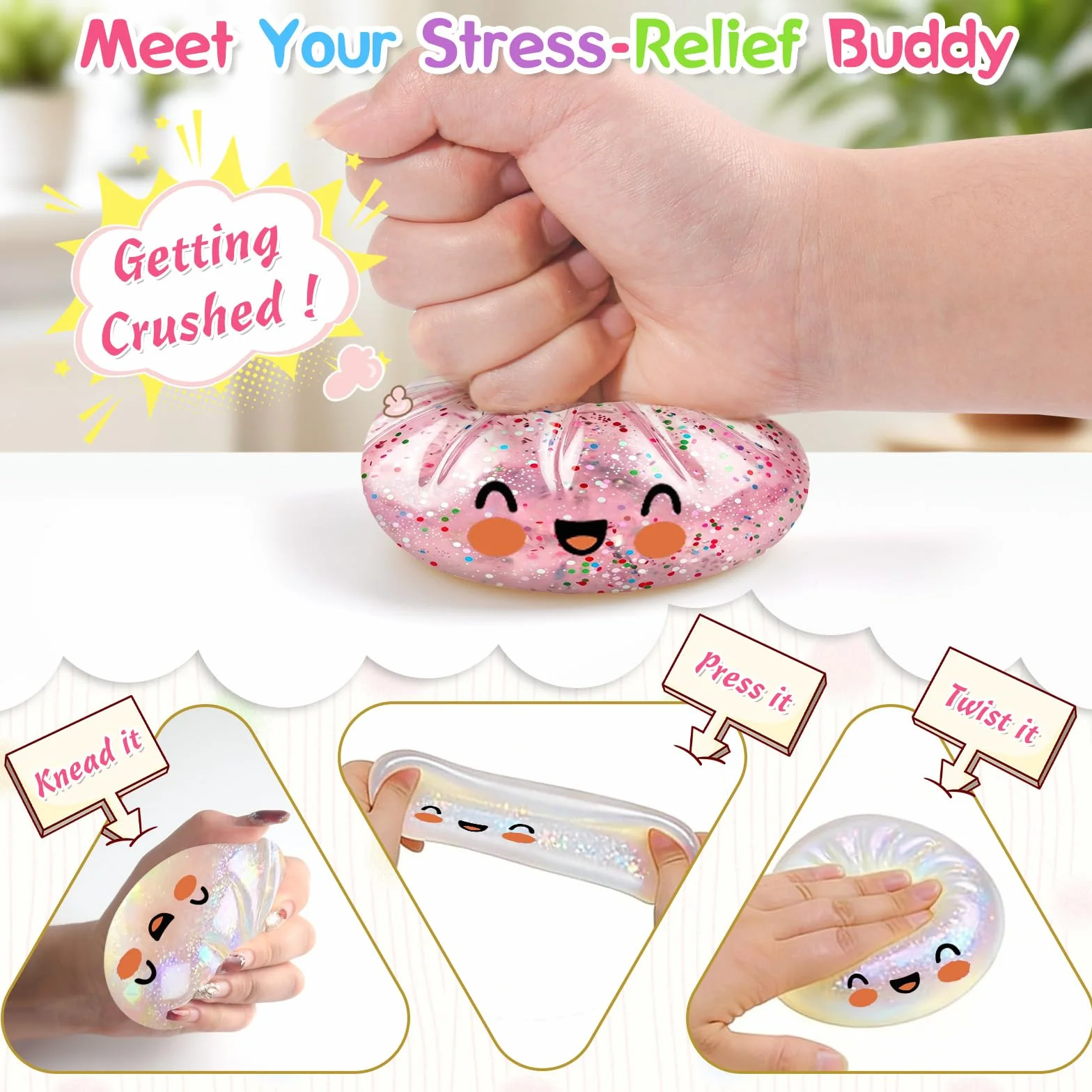 Géant Paillettes Squishys Ravioli Anti-Stress Presser avec Cuiseur Vapeur, Jouets Anti-Stress pour Enfant Adulte Rose Transparent