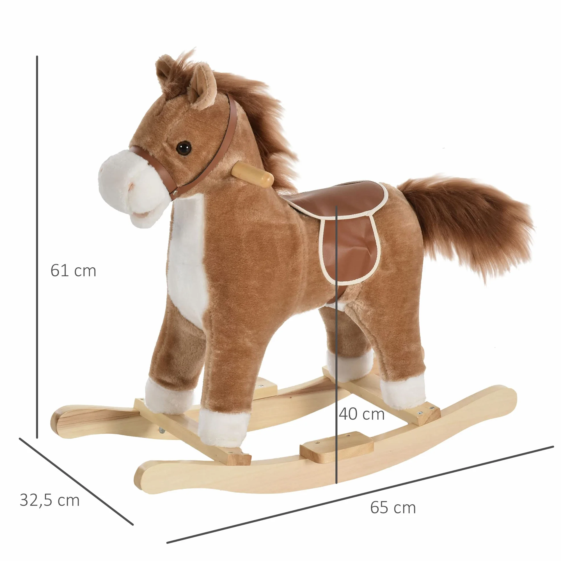 HOMCOM Cheval à Bascule Selle Grand Confort Peluche Bois Peuplier Brun 65x32,5x61 cm