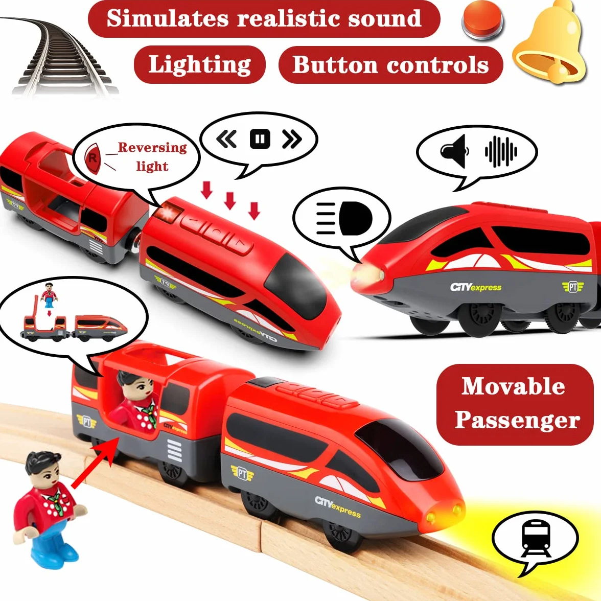 LiRiQi Train de Locomotives à Piles - Train Électrique Haute Vitesse Compatible Thomas Brio Rails en Bois Rouge
