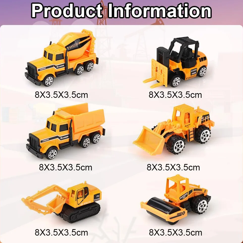 Voitures Jouets Chantier 6 Pièces, Véhicules de Chantier en Métal pour Enfants