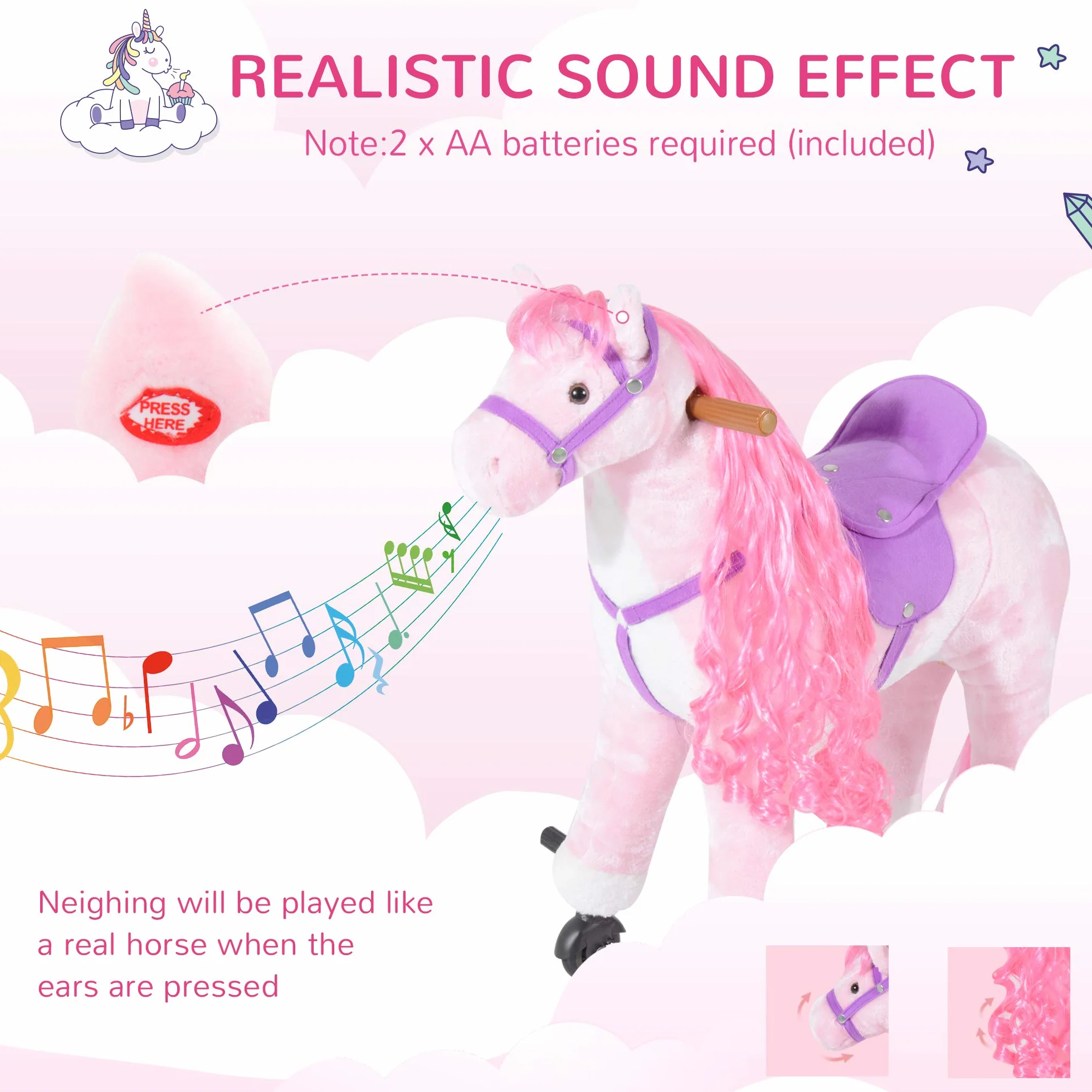 HOMCOM Cheval à bascule pour enfants 3+ ans 4 roues sons réalistes rembourré repose-pieds 65x28x75 cm rose