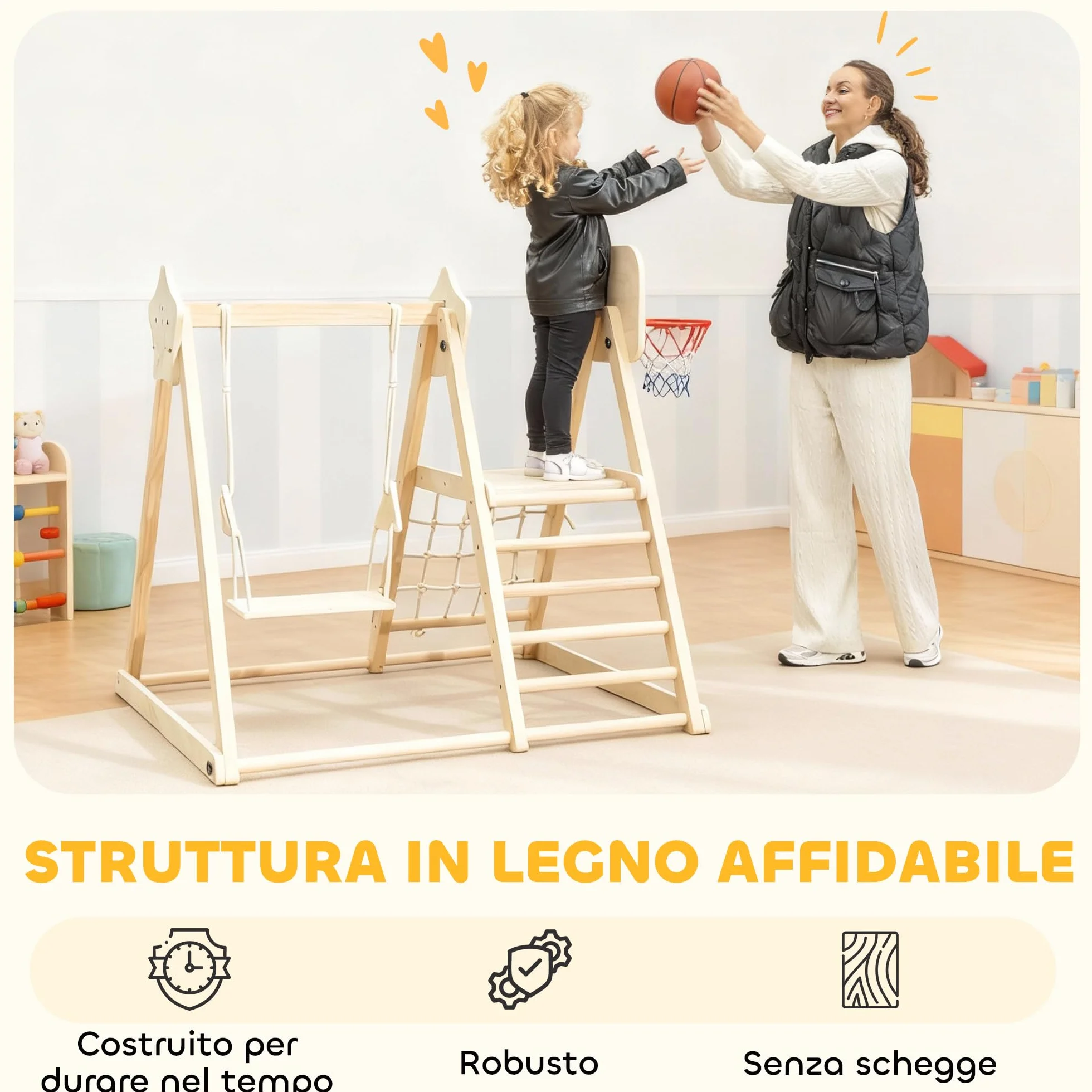 AIYAPLAY Toboggan 5 en 1 structure d'escalade en bois avec balançoire et panier de basket pour enfants 3-6 ans intérieur extérieur