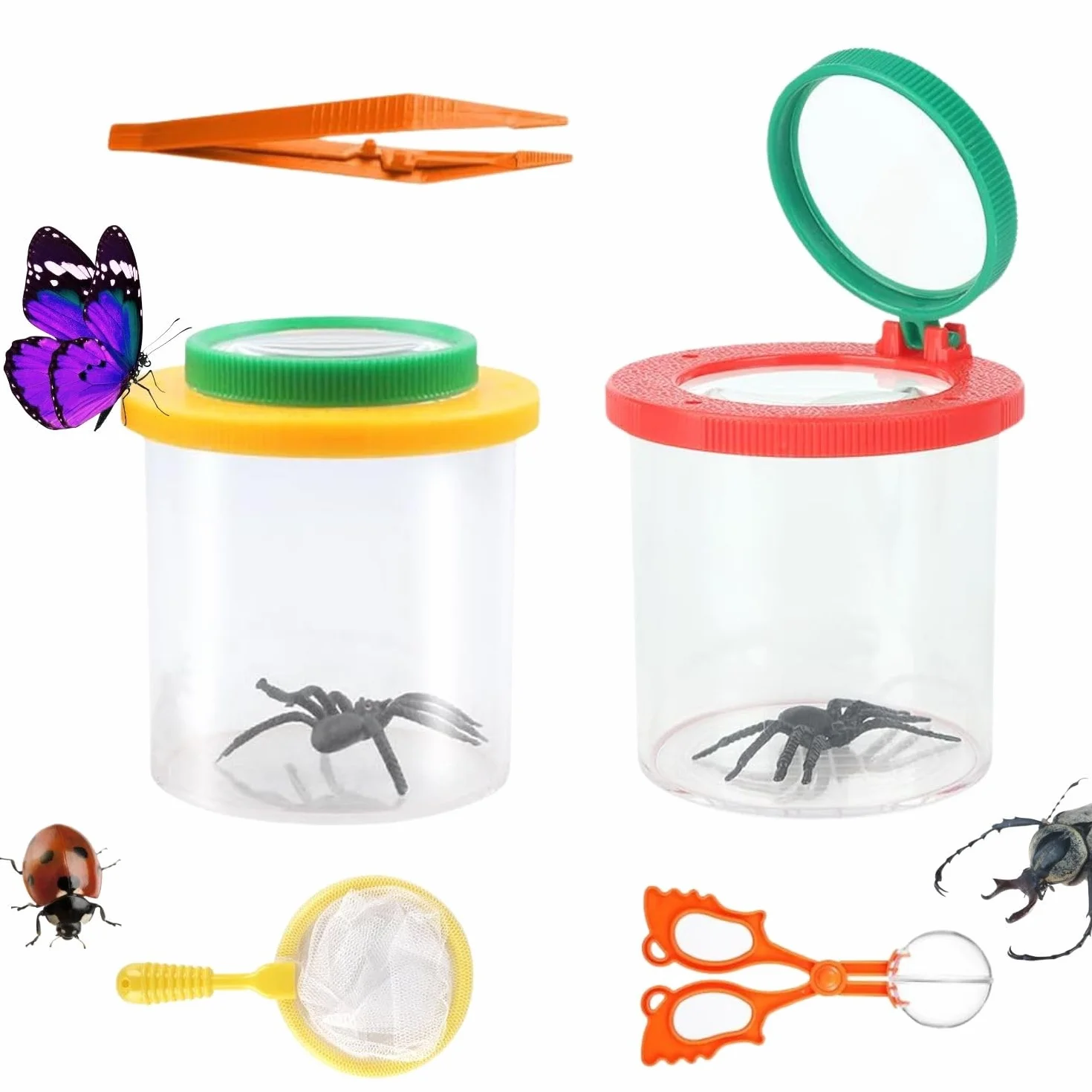 Lot de 2 loupes attrape-insectes avec filet de capture papillon pince à épiler kit de recherche extérieur science exploration nature