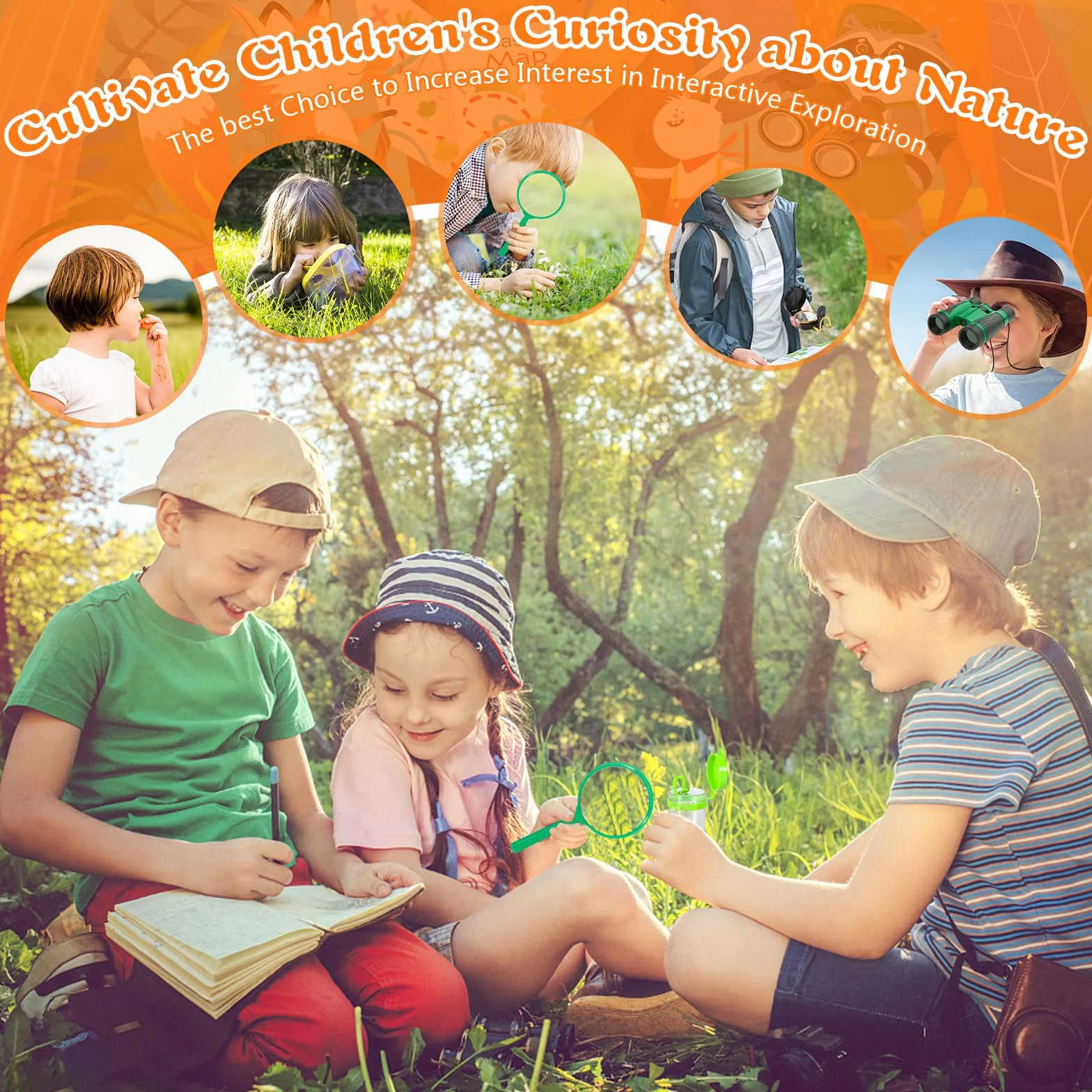 Kit Exploration Enfant 21 pièces Extérieur Jouets Gilet Chapeau Jumelles Boussole Loupe Nature Aventure
