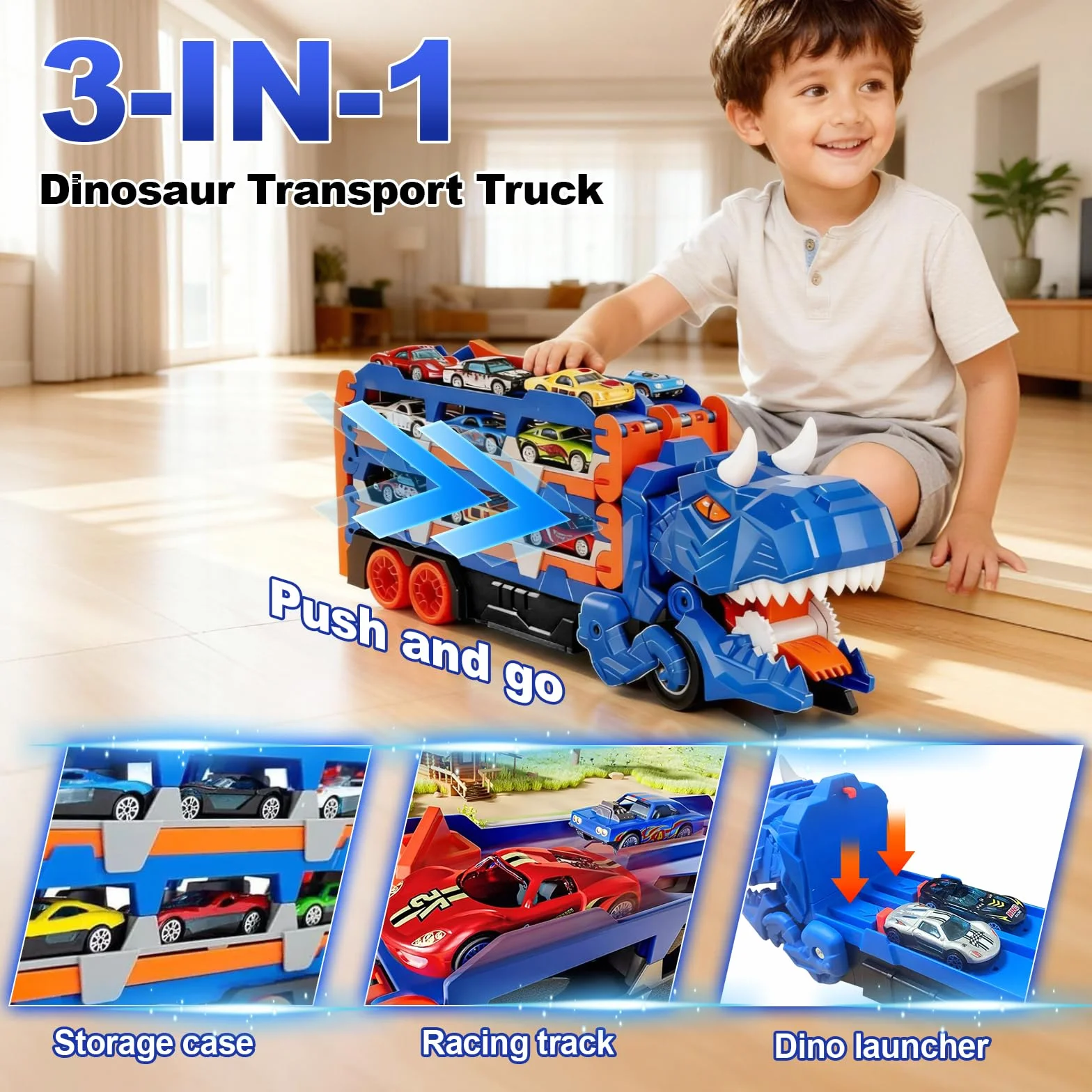 Camion Dinosaure Jouet Transporteur avec 12 Voitures et 160cm Pistes Pliables pour Garçons 2-6 Ans