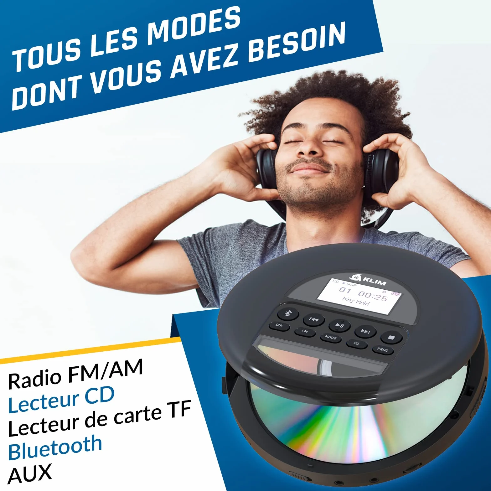 KLIM Nomad Lecteur CD Portable Bluetooth avec Batterie Intégrée Longue Durée - Compatible CD-R, CD-RW, MP3 - Noir