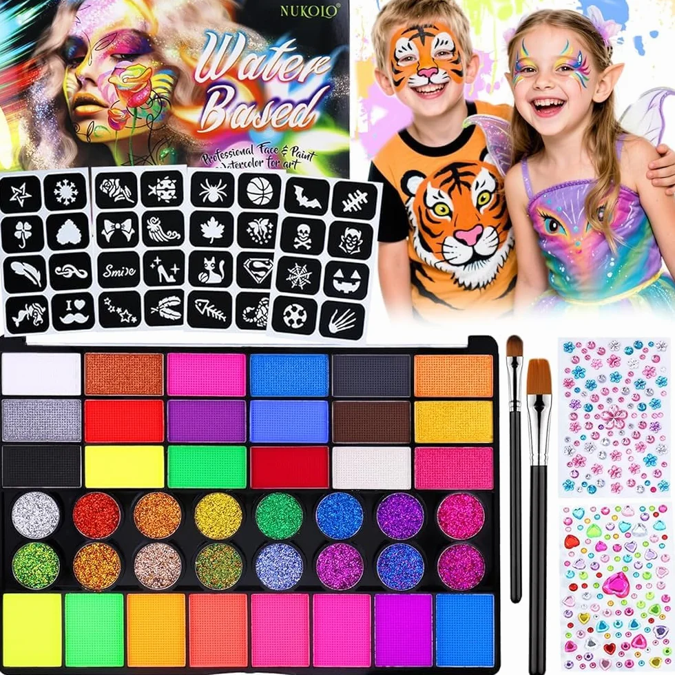 Kit de maquillage pour enfants 42 couleurs lavable visage avec pinceau pochoirs autocollants diamants Halloween carnaval