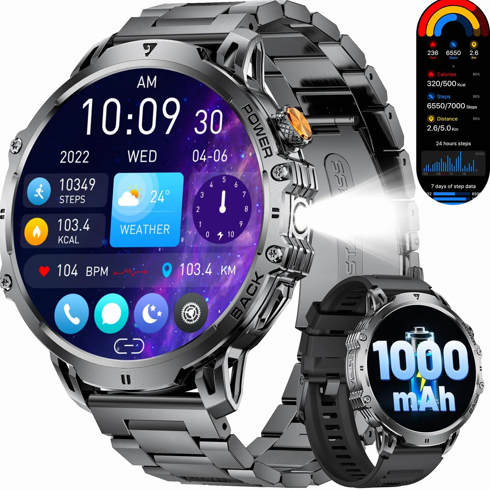 LIGE Montre Connectée Homme 1,85" HD Grand Écran LED Lampe Smartwatch Moniteur Fréquence Cardiaque Sommeil 110+ Modes Sportifs IP68 Étanche Noir