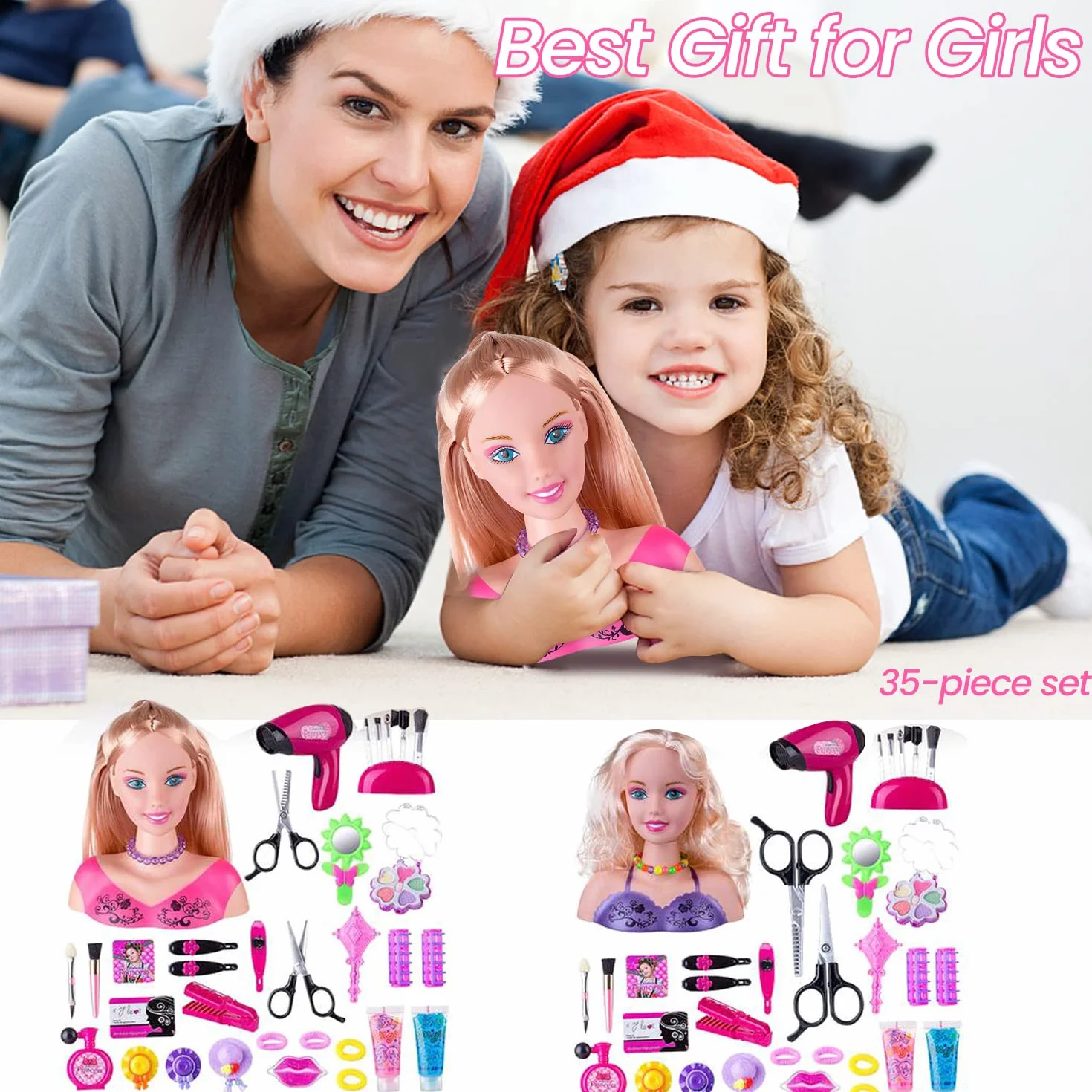 Tête à Coiffer et Maquiller Jeu de Jouets, Poupée Styling Head Hairdressing 35pcs Rose
